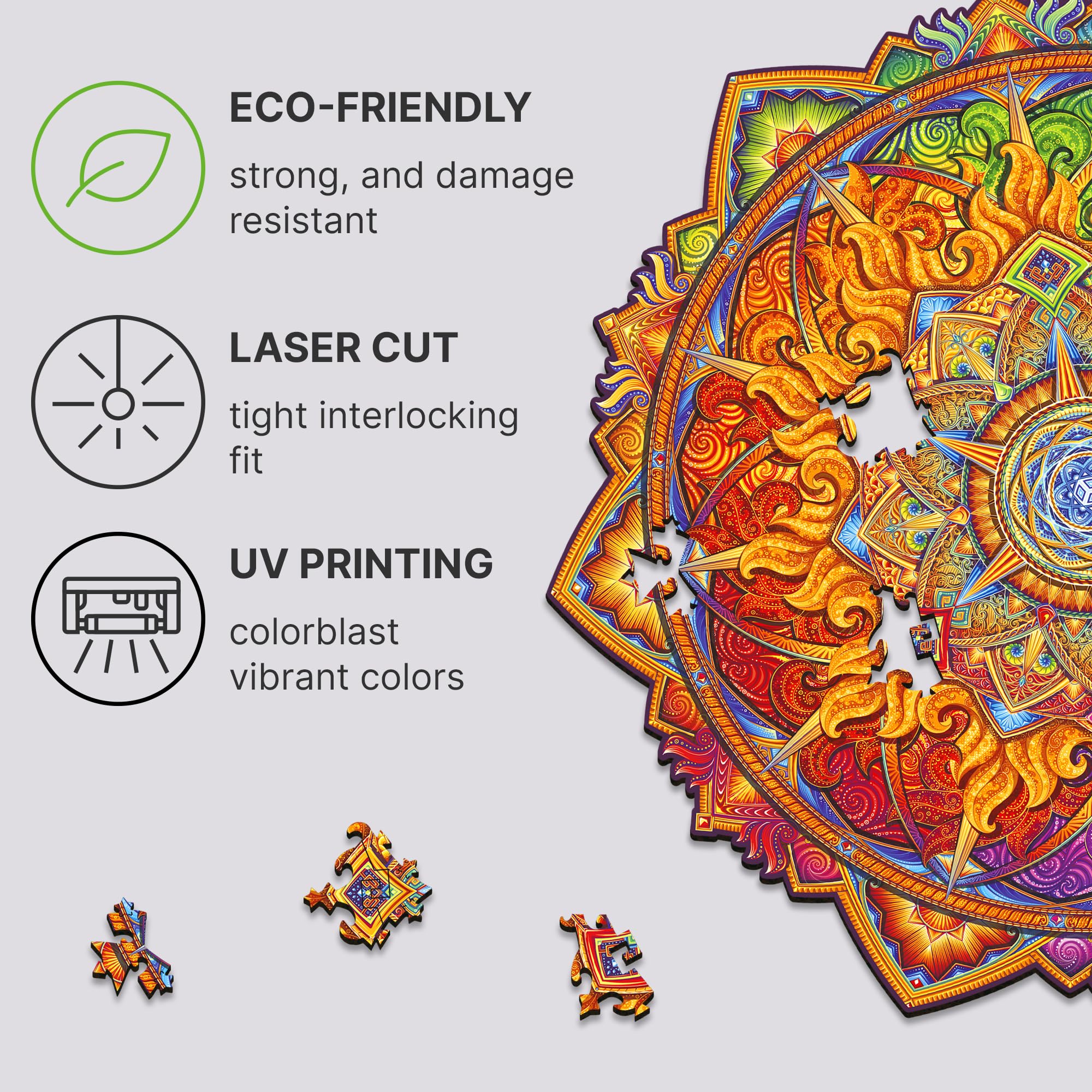UNIDRAGON Mandala Nascent Sun Wooden Jigsaw Puzzle for Adults - 350 Unique Shaped Pieces - King Size 33 x 33 cm