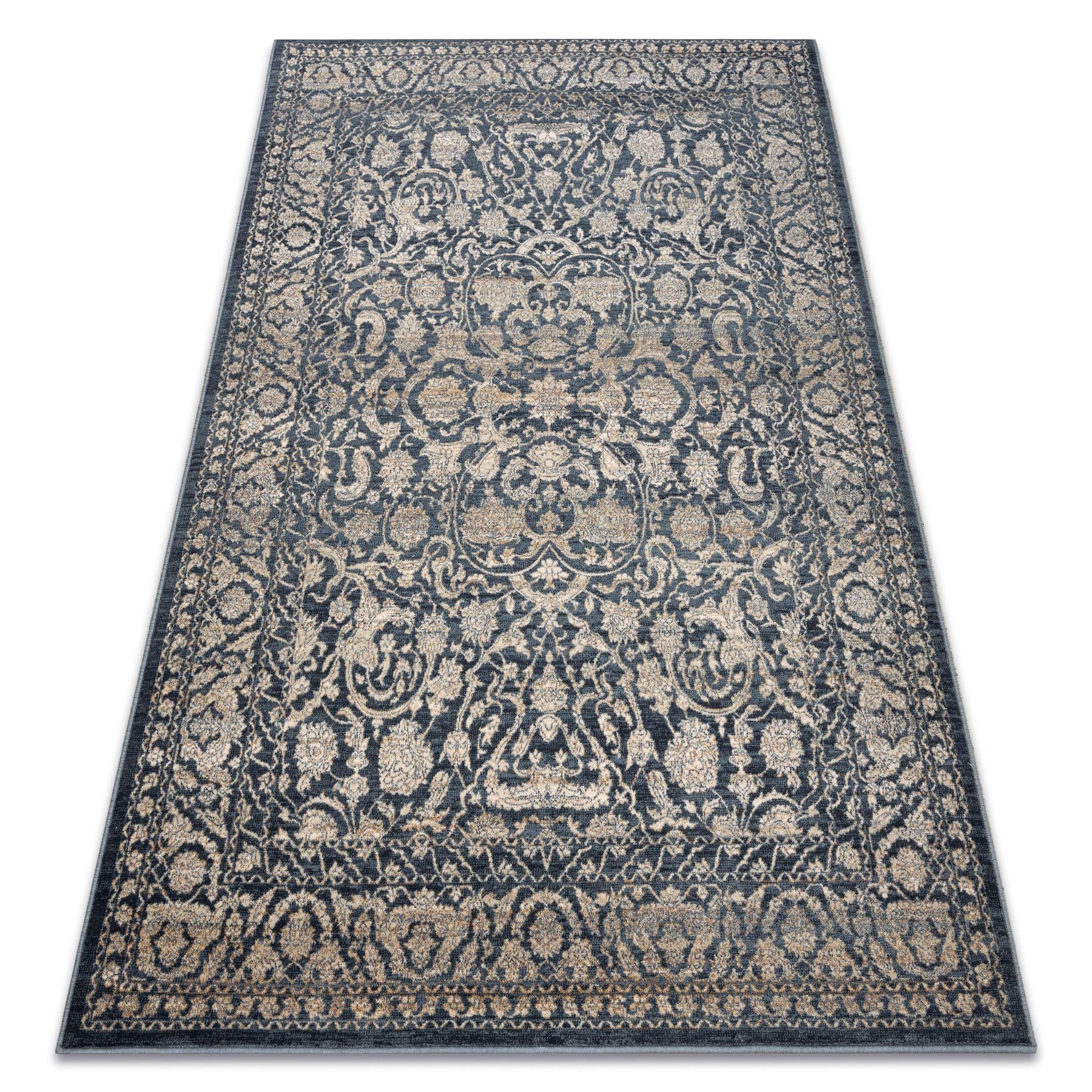 Teppich Wolle NAIN für Wohnzimmer Schlafzimmer beige/dunkelblau 80x150 cm