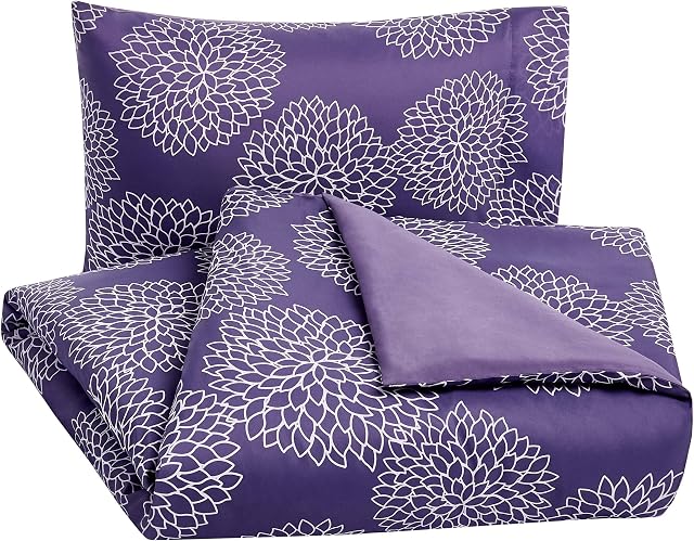 Amazon Basics Microfiber Duvet Cover Set, Light weight  135 x 200 cm, Single - Purple Floral