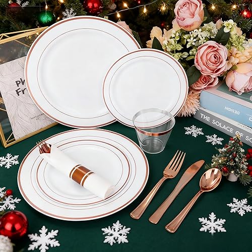 Miniatura 3 de WELLIFE 350 platos de plástico de oro rosa para 50 invitados, platos y servilletas de oro rosa, suministros de fiesta, platos desechables para