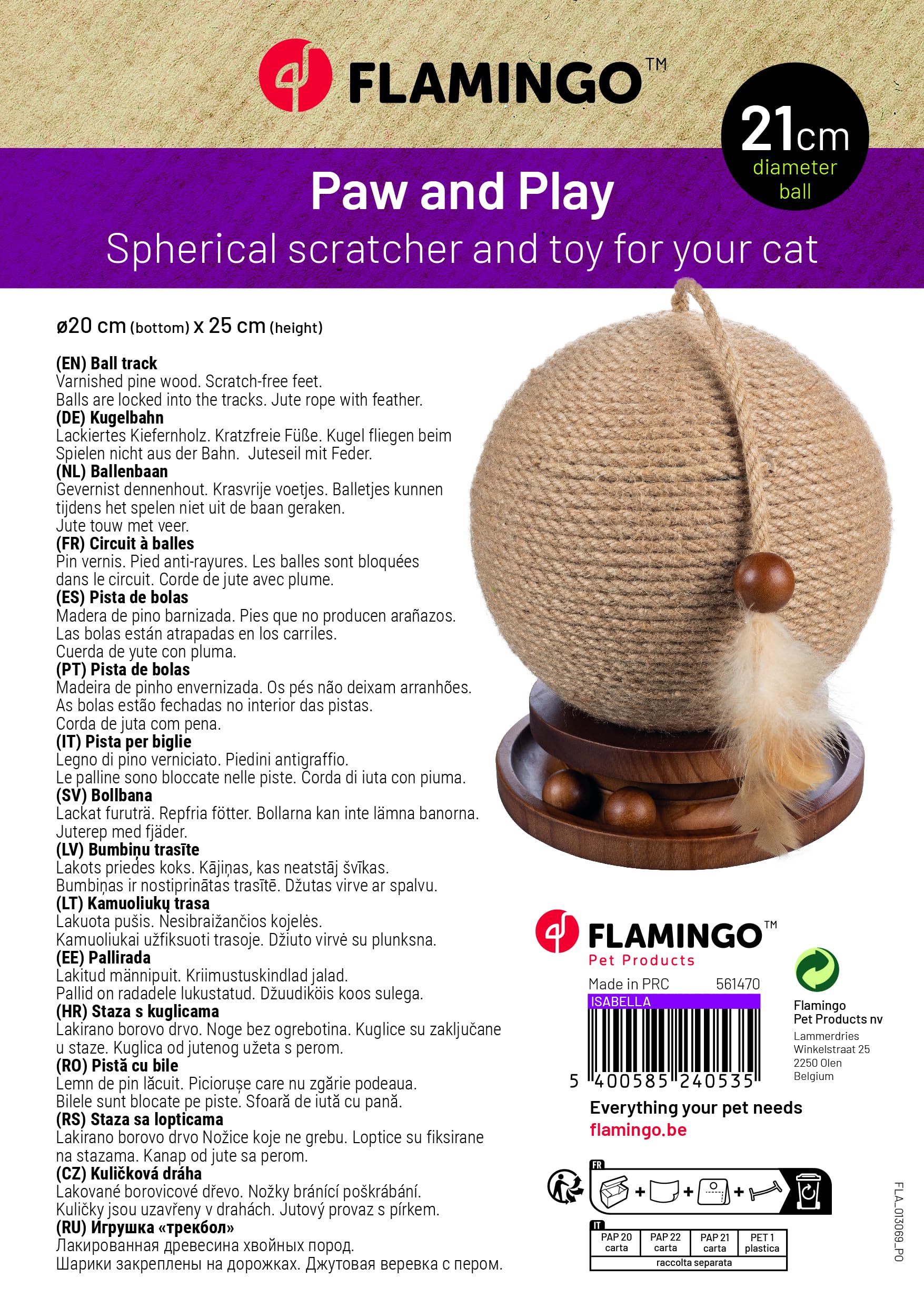 Flamingo griffoir Isabella pour Chat - Jouet à griffer pour Chat - Balla à gratter pour Chat - Circuit à balles - Corde avec Plume - 21x21x25cm