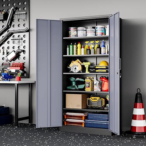 Miniatura 5 de Armario de almacenamiento de metal, 71 pulgadas de alto con estantes ajustables y puertas de bloqueo, armarios de herramientas para garaje, oficina,