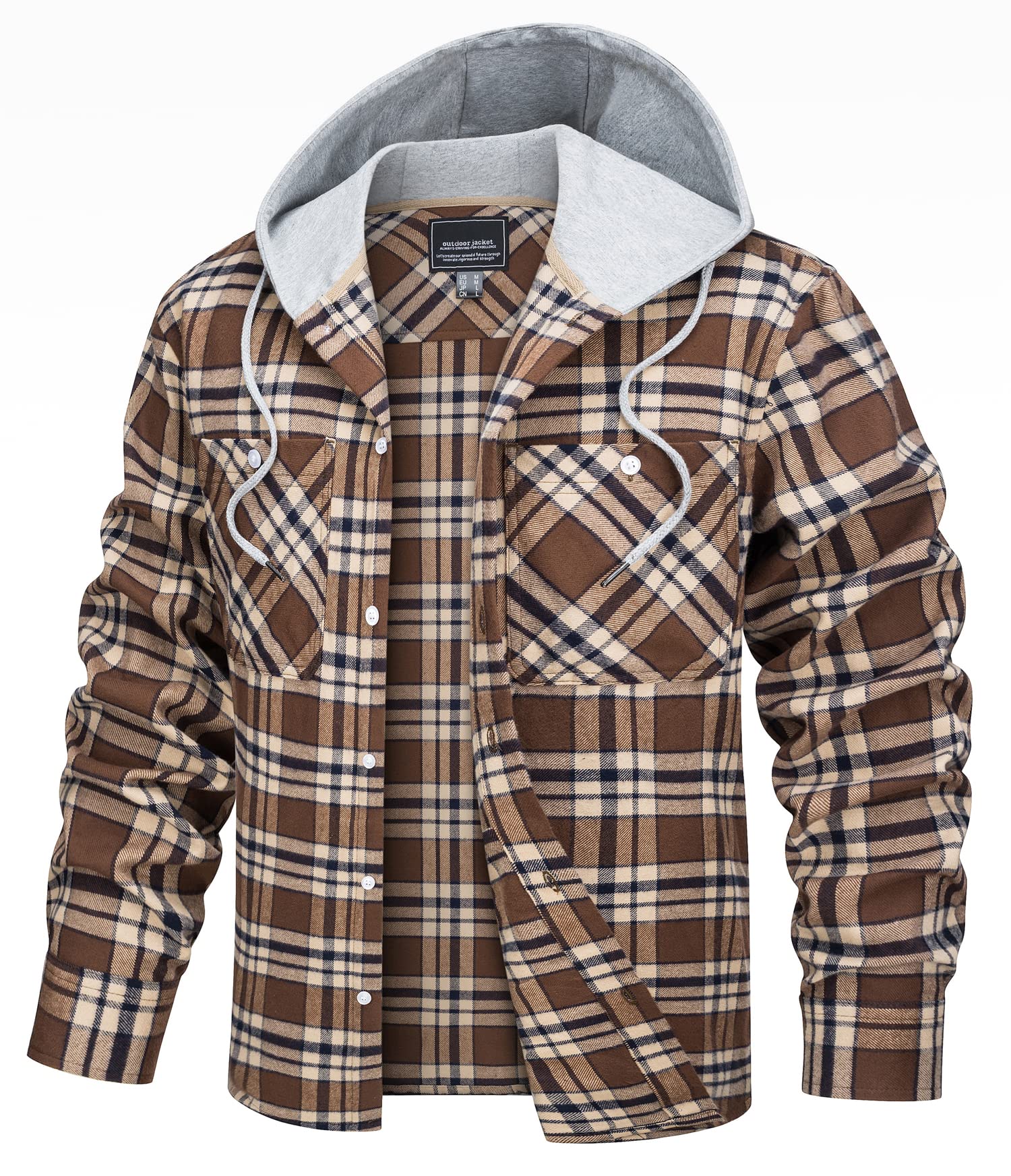 TACVASENMen's Lumberjack Shirt Lightweight Checkered Jacket with Hood Flannel Work Shirt Jacket with Pockets