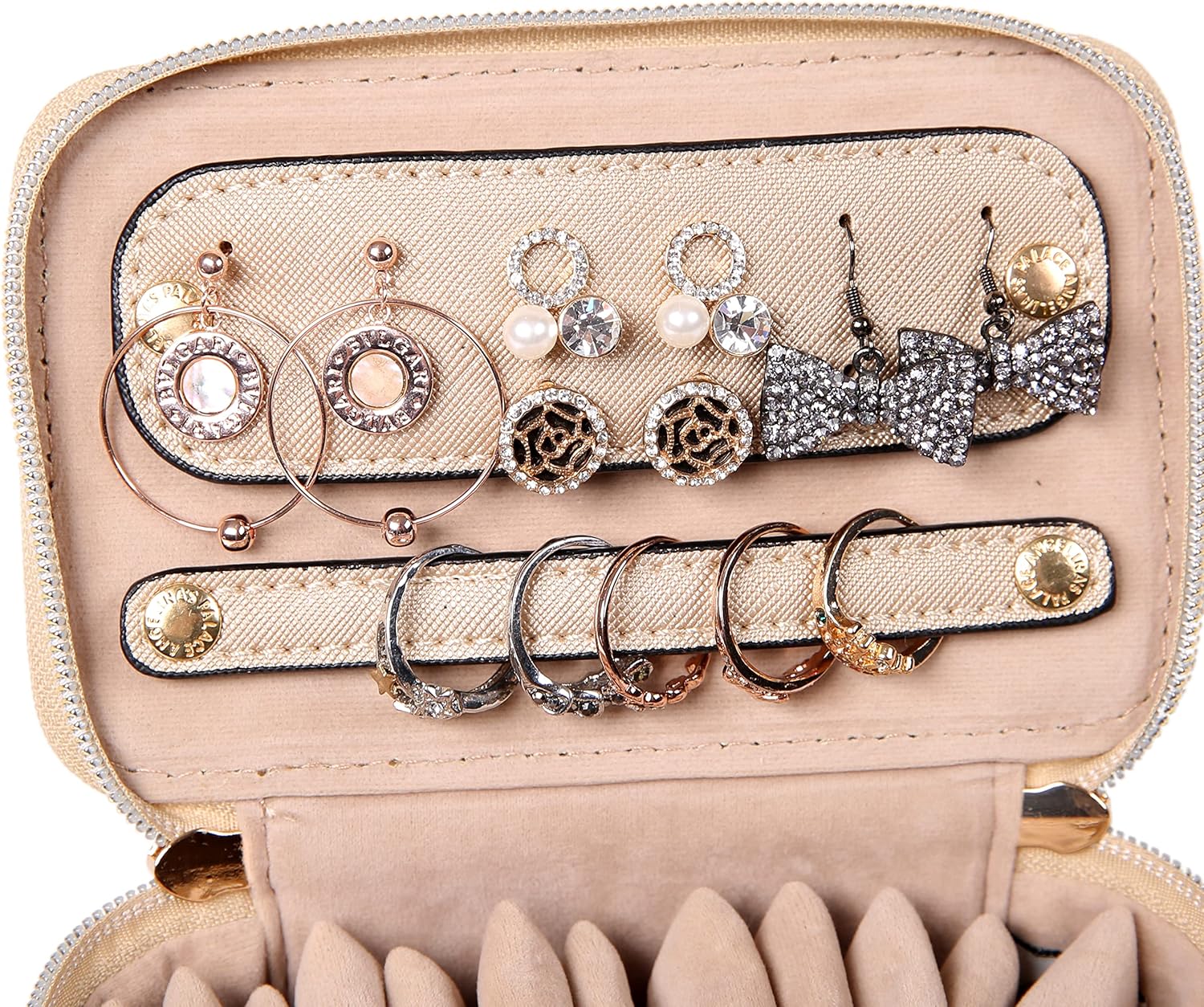 Angelina's Palace Jewelry Organizer Case Bridesmaid Gifts Travel Bag Vegan Leather Box for Necklace Earring Bracelet Ring(champagne)