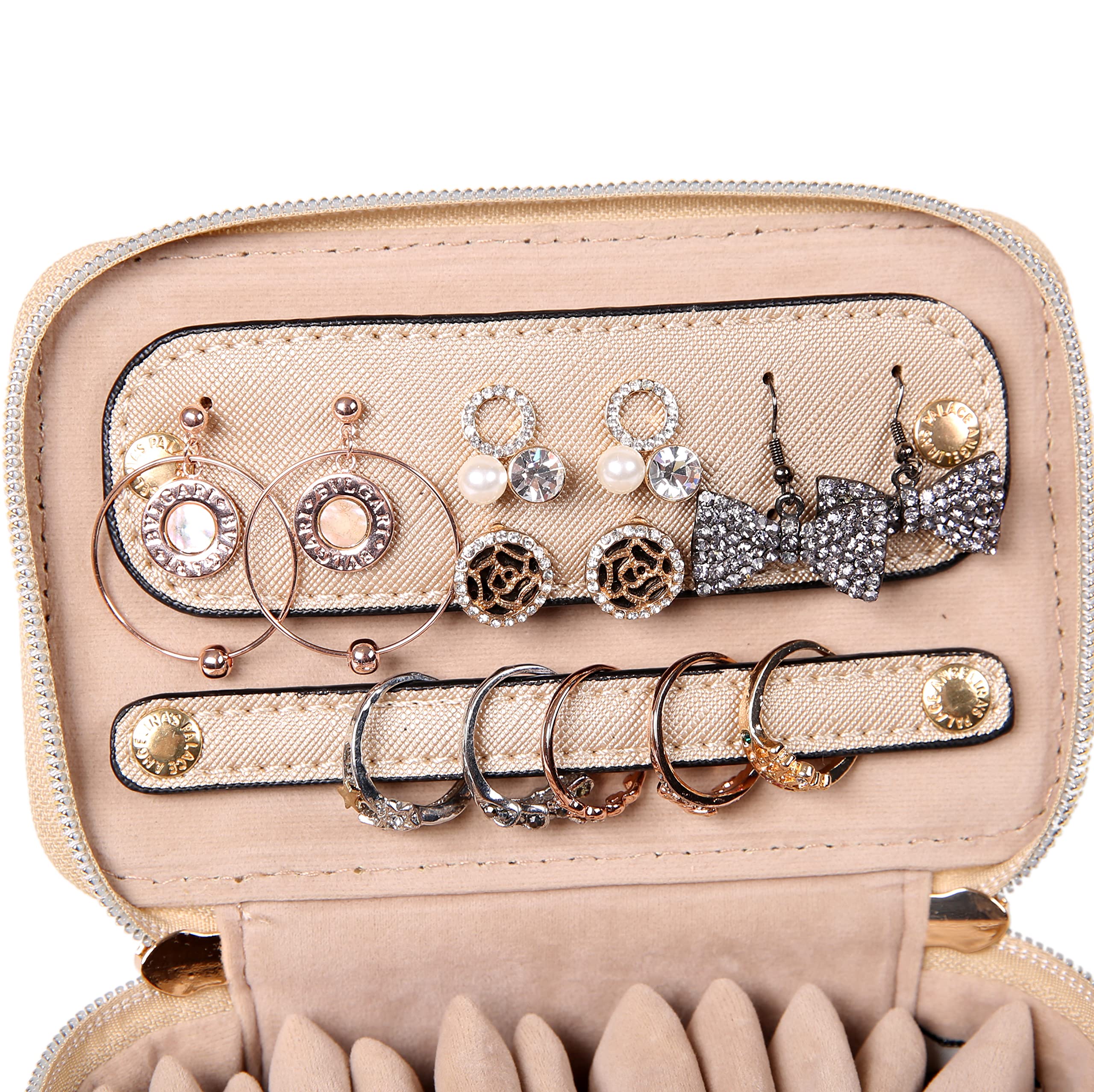 Angelina's Palace Estuche organizador de joyas, regalo de dama de honor, bolsa de viaje, caja de cuero vegano para collar, aretes, pulsera, anillo (champán)