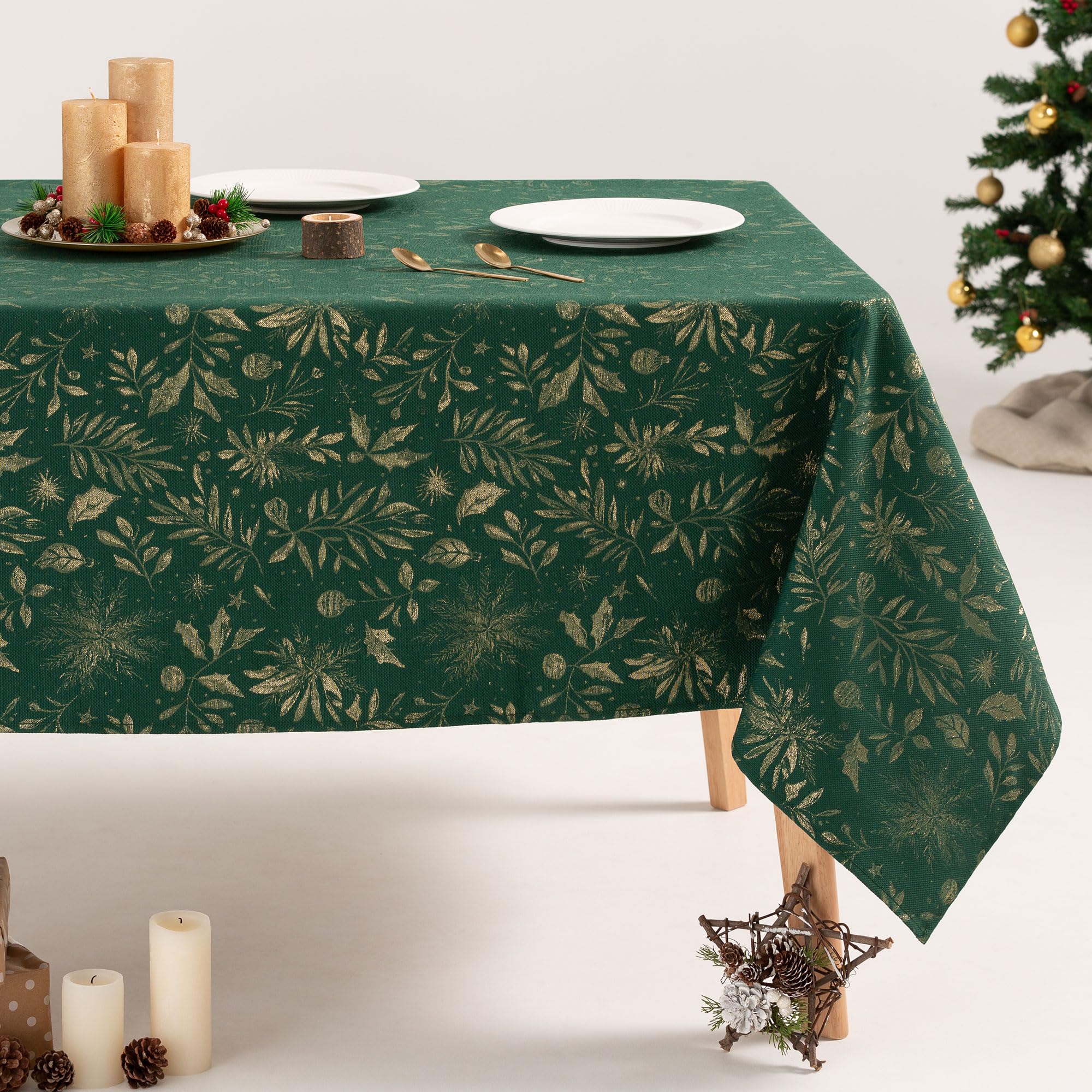 Gamusi Green Tablecloth Christmas Floral Jacquard Golden Thread Dining Table Rectangular Christmas Decoration 140 X 240 Cm