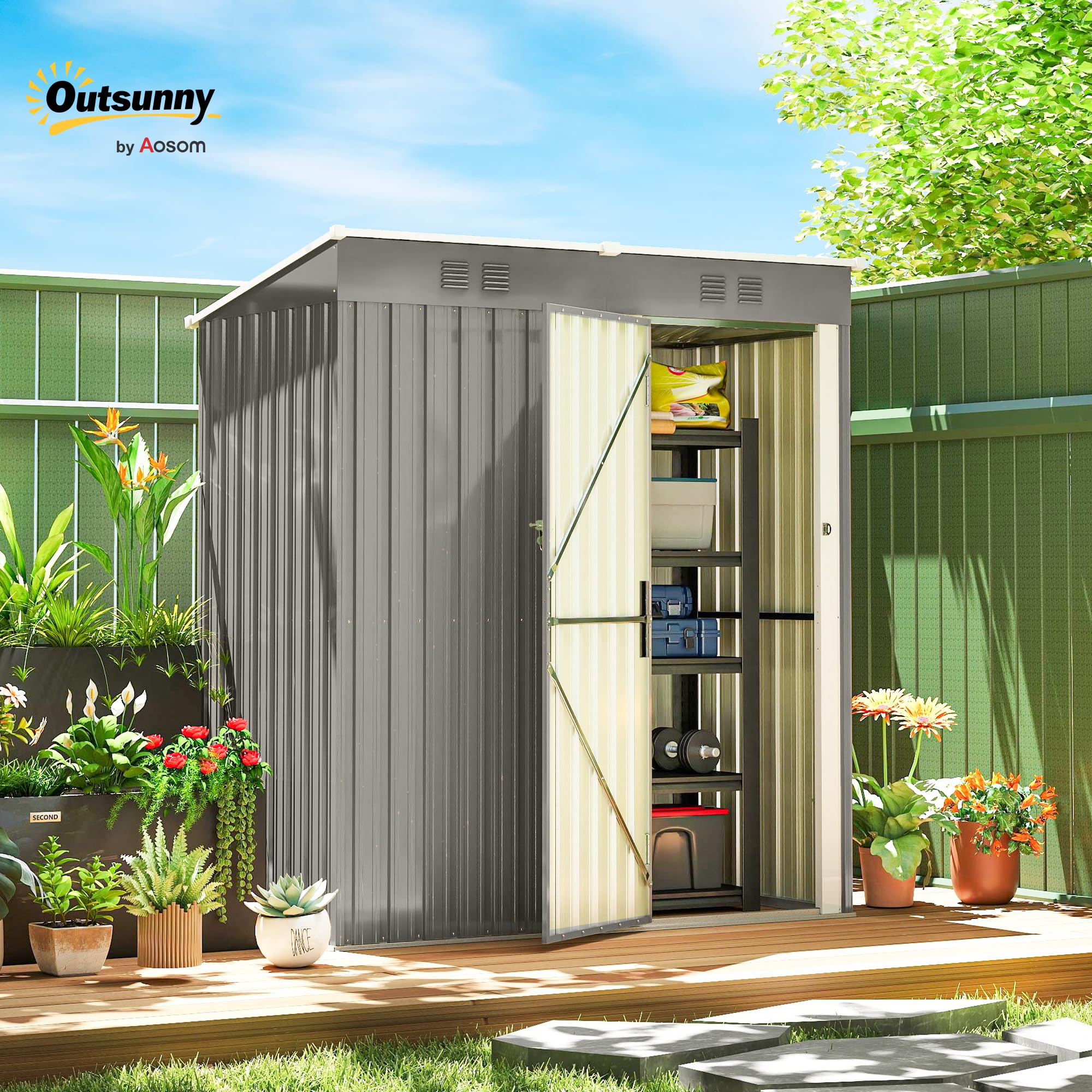 Outsunny - Cobertizo de jardín de metal, 1,37 m², 163 x 90 x 179 cm, acero galvanizado, armario de jardín Adossable con 2 rejillas de ventilación y techo inclinado antiUV - cabina de almacenamiento