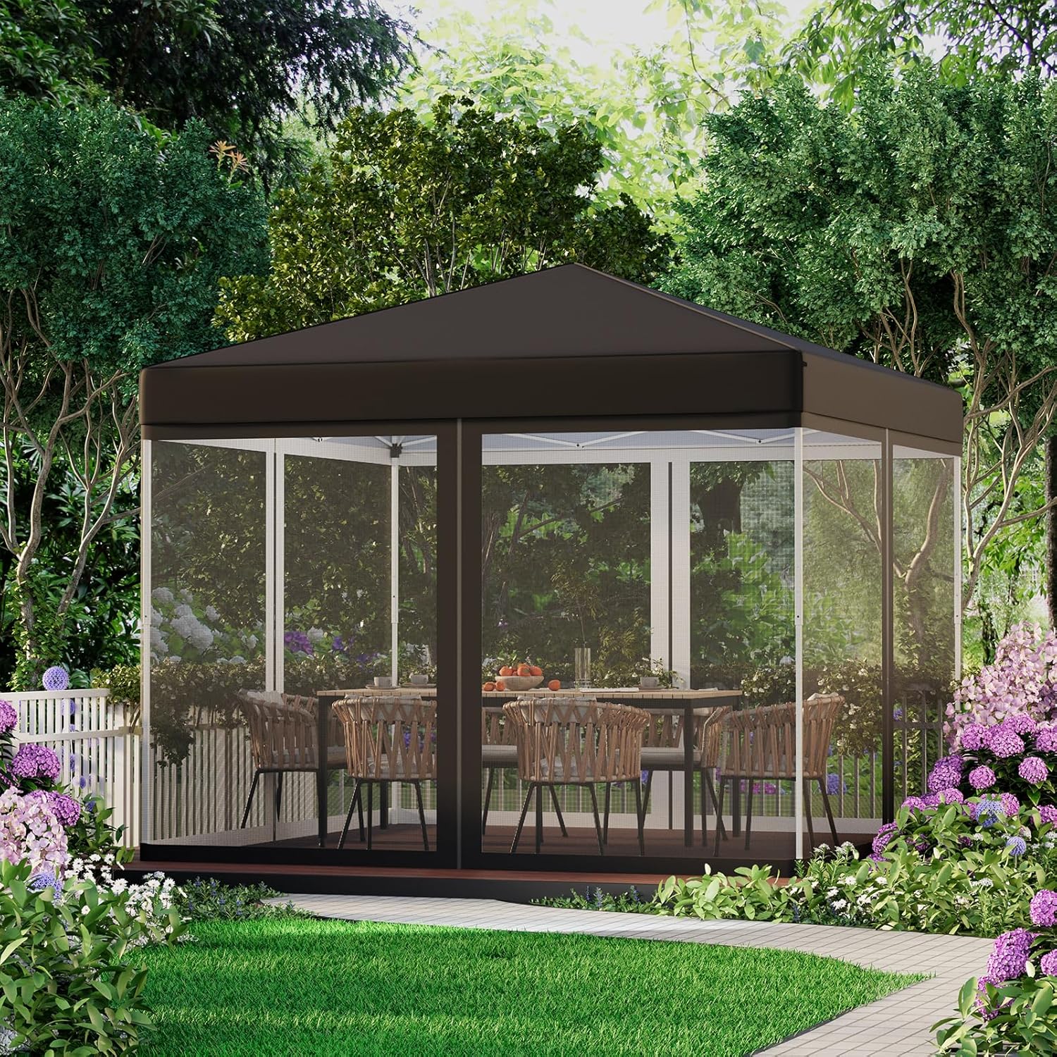 EROMMY 10'x10' Pop Up Canopy Tent with 4 Mesh Curtains, Portable Shelter Gazebo, Easy Outdoor Sun Shade for Events, Parties and Camping (Black)