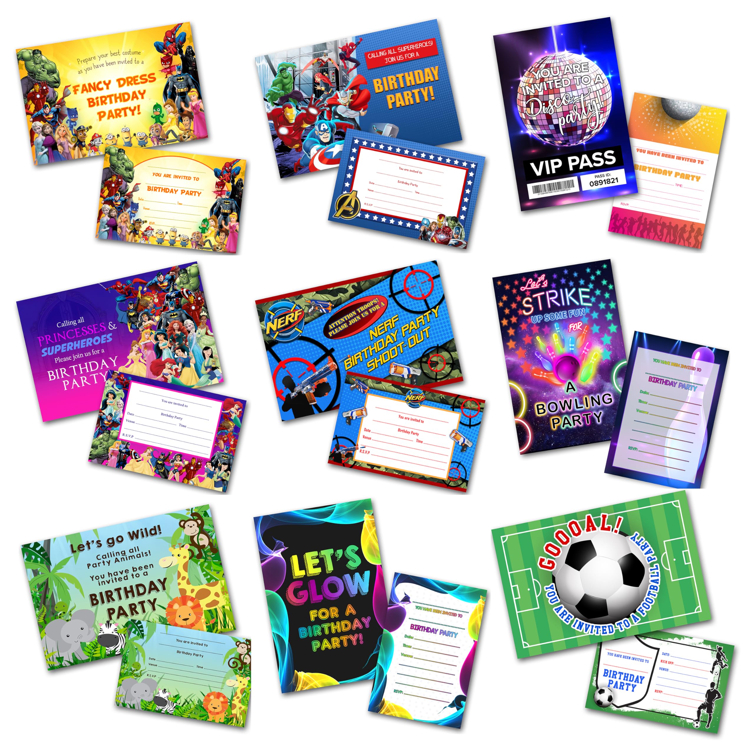 Childrens Party Invitations and Envelopes (WRITE ON) All party themes