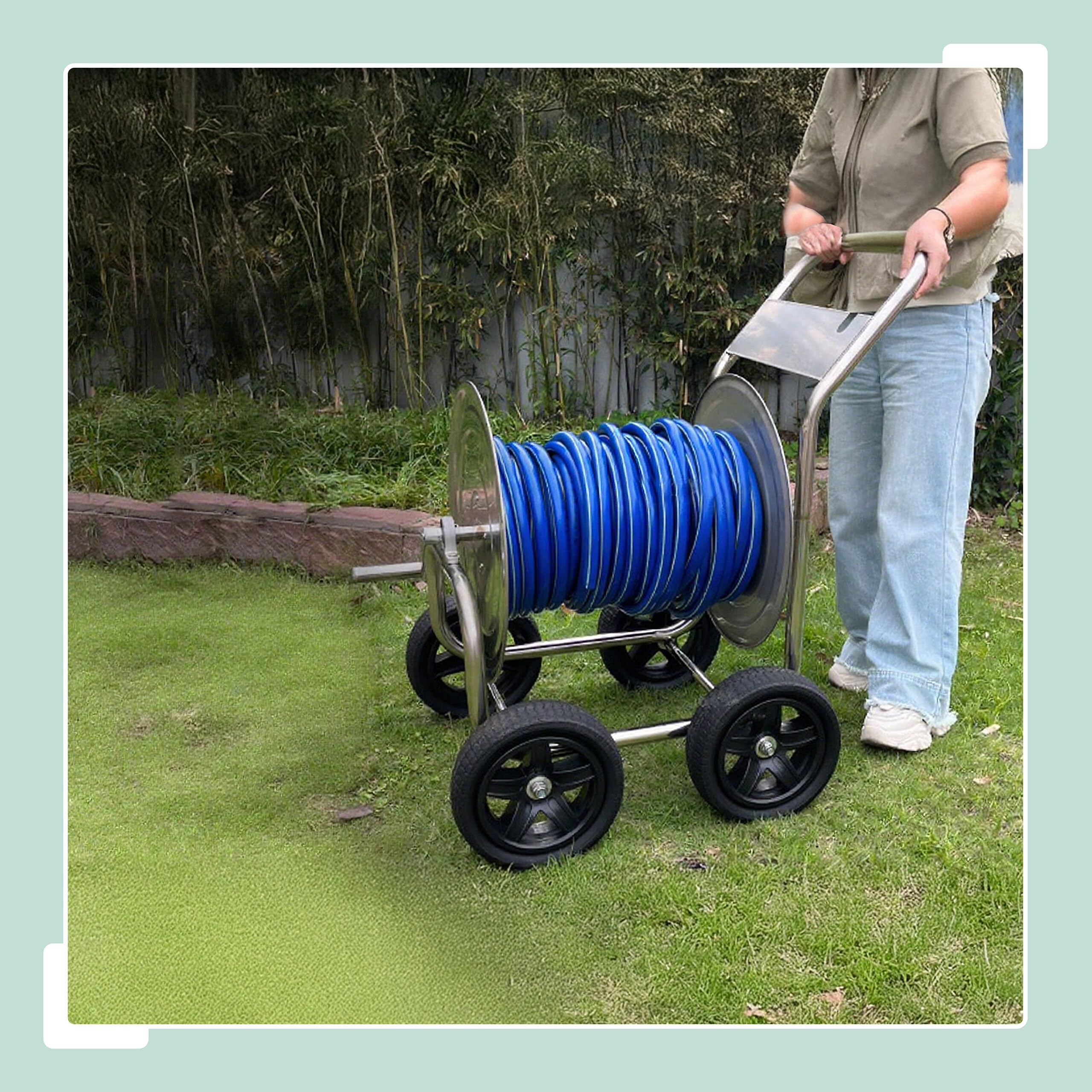 Relaxdays Schlauchwagen, bis 200 m, fahrbare Schlauchtrommel, HBT 100 x 73 x 57 cm, Schlauchabroller, Edelstahl, silber