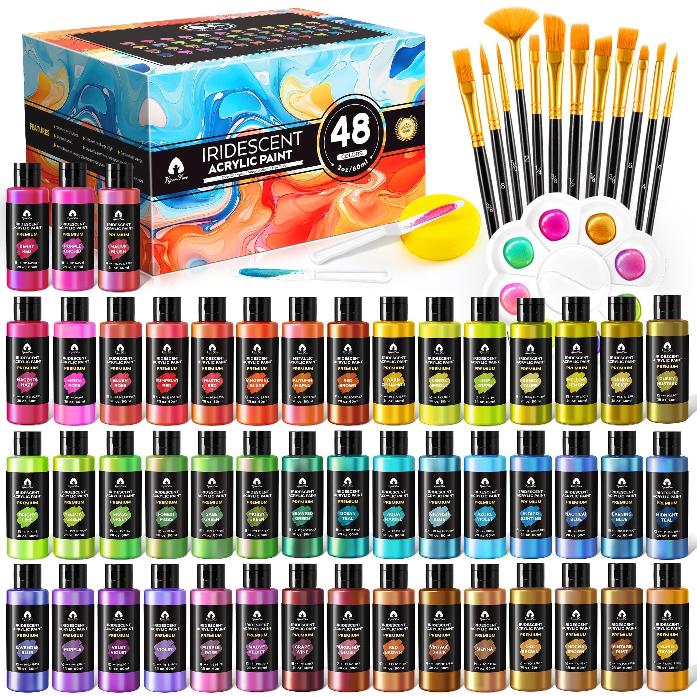 64 Pcs Iridescent Acrylic Paint Set with 12 Brushes, 2 Knives & Palette, 48 Colors (2oz/60ml) - for Adults, Kids, Artists & Beginners - Canvas Ceramic Rock Wood Egg Painting Kit