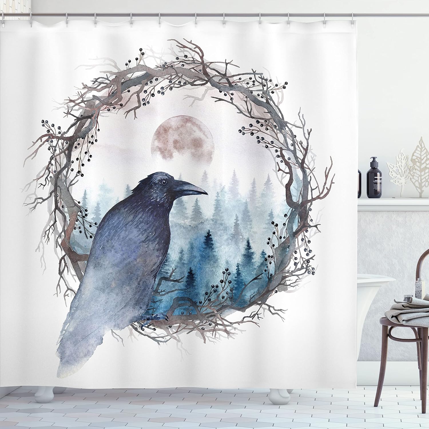 Ambesonne Black Crow Shower Curtain, Fine Art Paint Bird with Foggy Winter Forest in Fog Round Branch Wreath Frame, Cloth Fabric Bathroom Decor Set with Hooks, 69" W x 70" L, Blue Grey White