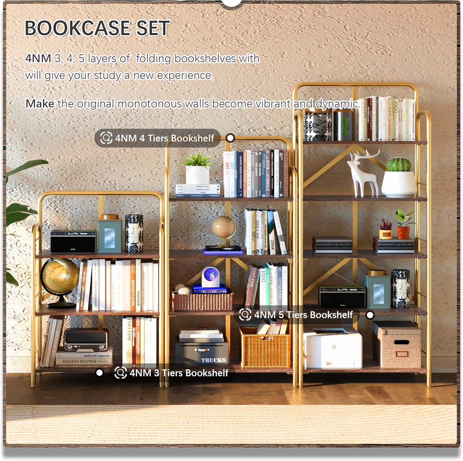 4NM No Assembly Folding Bookshelf, 5 Tiers Collapsible Book Shelves Open Industrial Foldable Storage Bookcase Shelf for Bedroom, Living Room, Home Office - Brown and Gold - Image 6