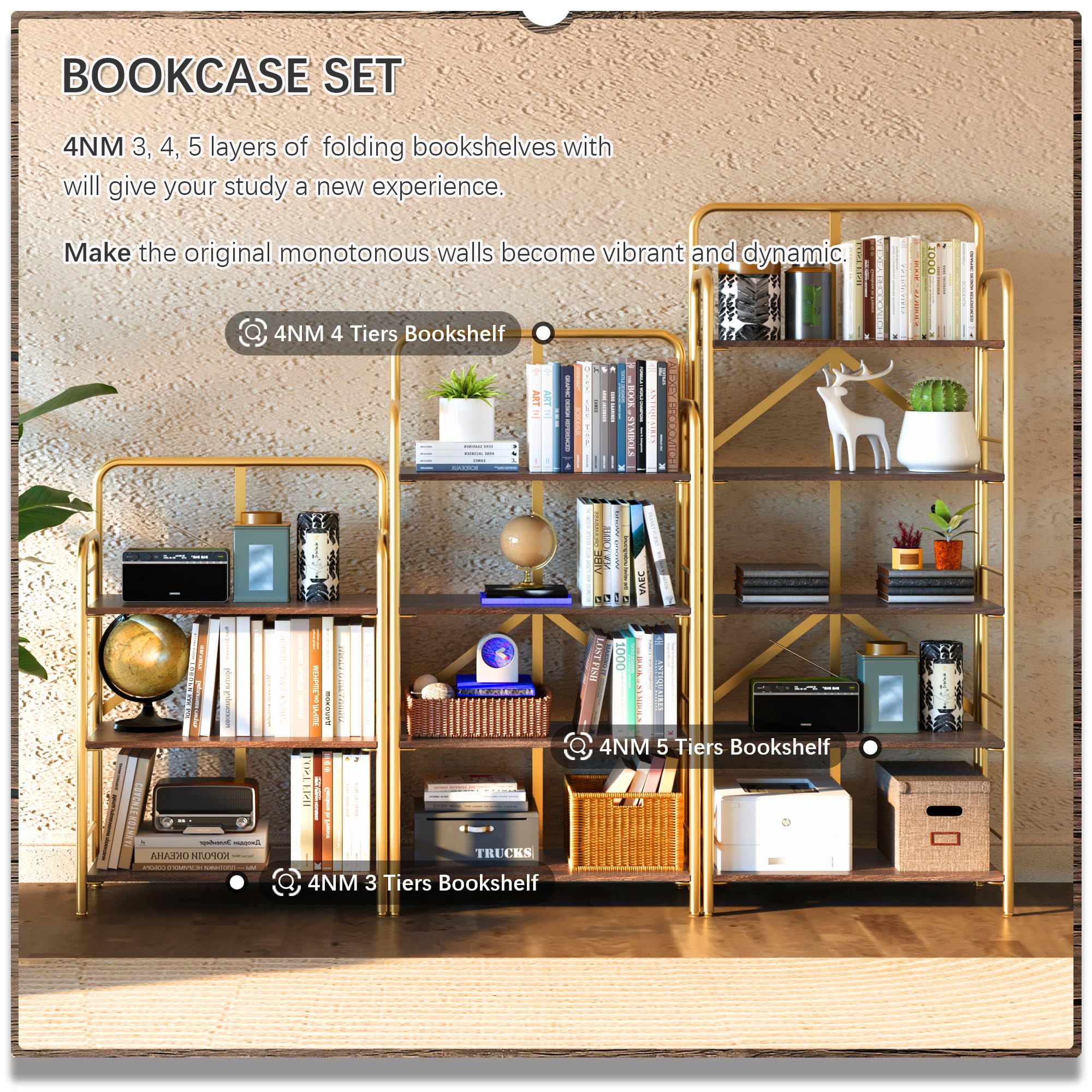 4NM 5-Tier Folding Bookshelf - Extra Wide, No Assembly, Industrial Style, For Living Room, Bedroom, Office 10 thumbnail image