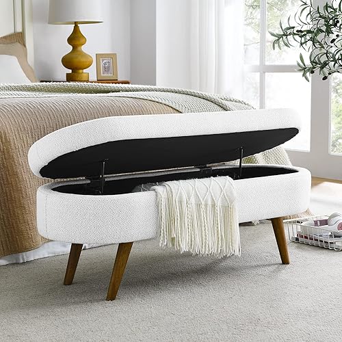 Linen Upholstery Tufted Storage Bench Ottoman for End of Bed Home Entryway Living Space, Soft Padded Oval Storage&Bench Footstool with Rubber Wood