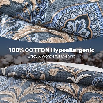 Quilta Cotton Comforter Cover King Size - Navy Vintage Damask Comforter Set with Floral Pattern, Ultra Soft Duvet Insert, Warm Comforters Bedding Set with 2 Pillowshams, Navy Blue/Brown