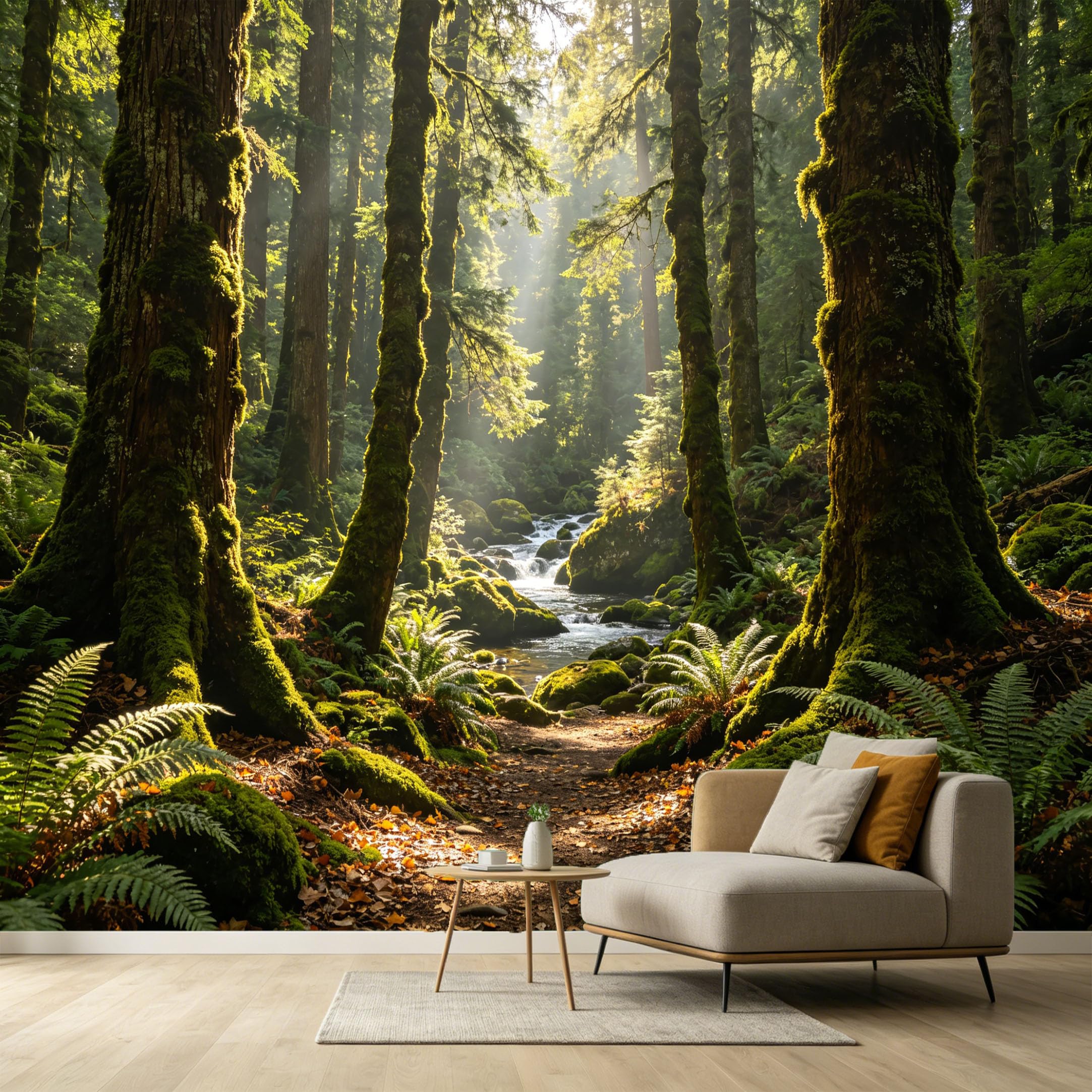 Custom Size Wall Murals Forest Landscape Sunbeams Creek Mossy Tree Trunks Ferns SelfAdhesive Wall Fabric Removable Large Wallpaper for Photo Living Room Interior Decor
