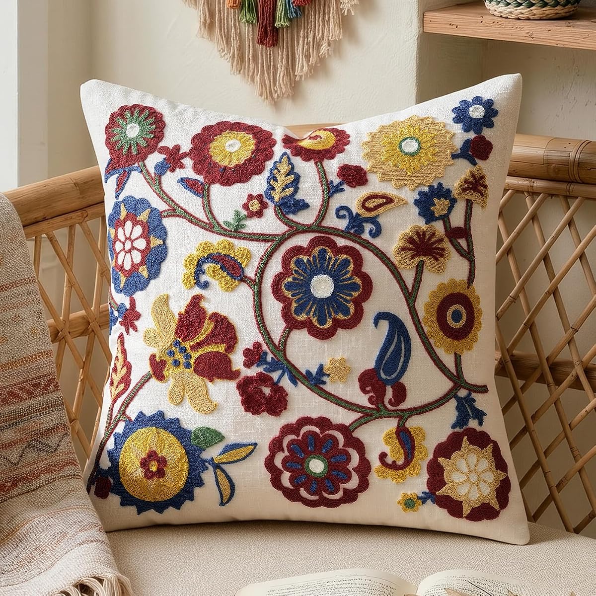 GIGIZAZA Fundas de almohada decorativas de lino, 18 x 18, paquete de 1, diseño floral bohemio