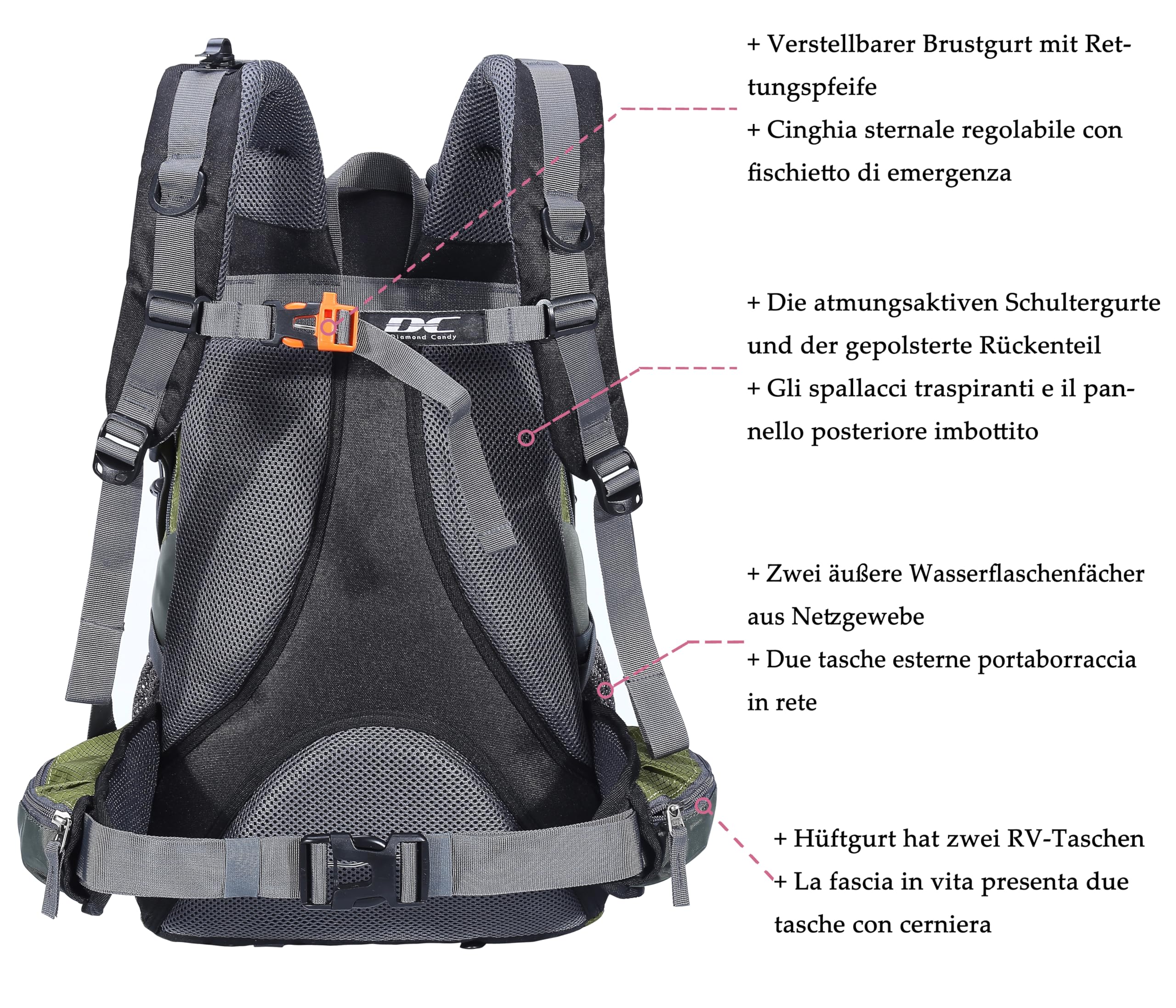 DCmount zaino trekking 40 litri multifunzione zaino da viaggio zaino impermeabile per campeggio sportivo alpinismo escursioni donna e uomo contiene copri zaino per pioggia