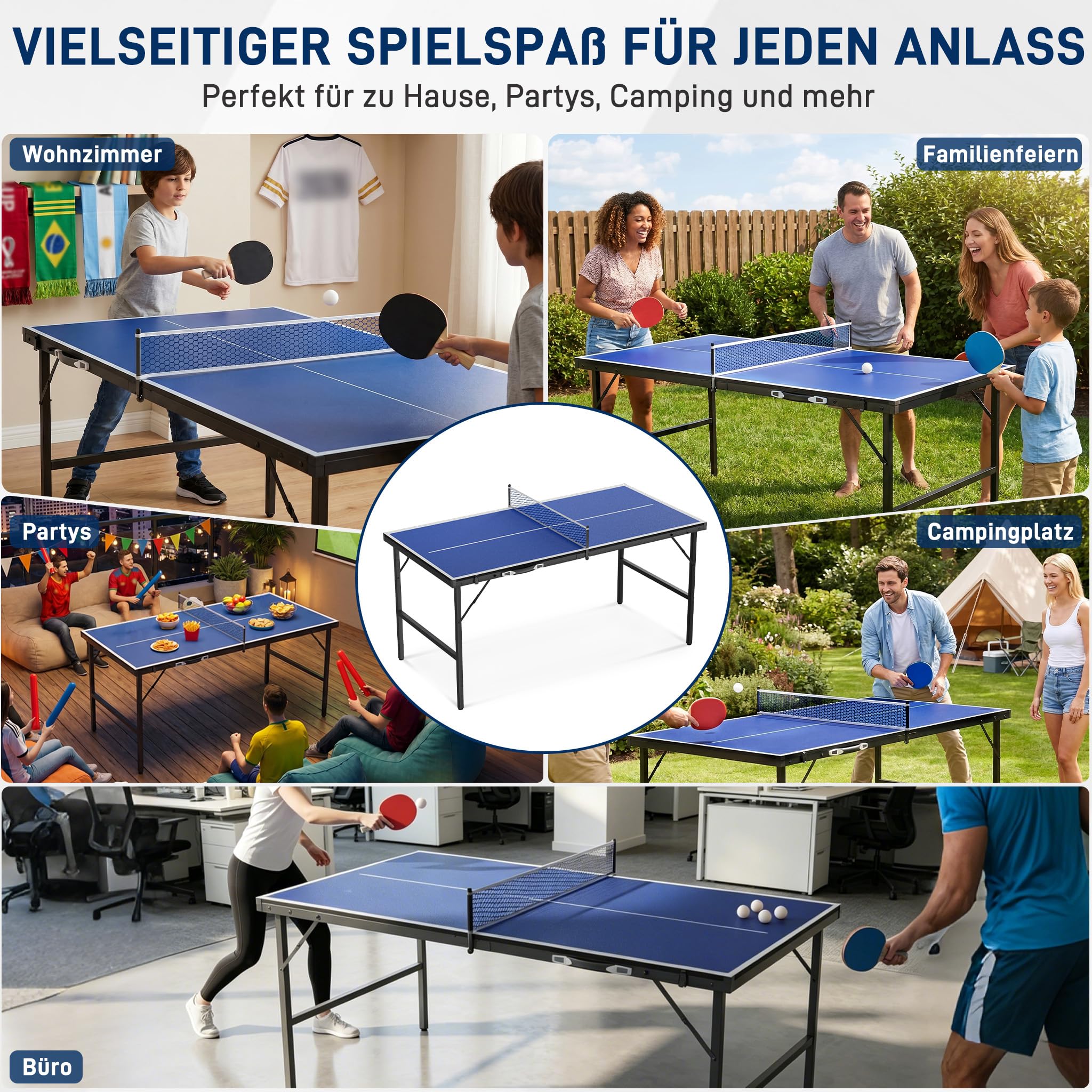 YRHome Tavolo da ping pong, 152,5 x 76 x 71 cm, pieghevole, design a valigetta, con set di 5 palline da ping pong e rete, per casa, ufficio e terrazza, blu/nero