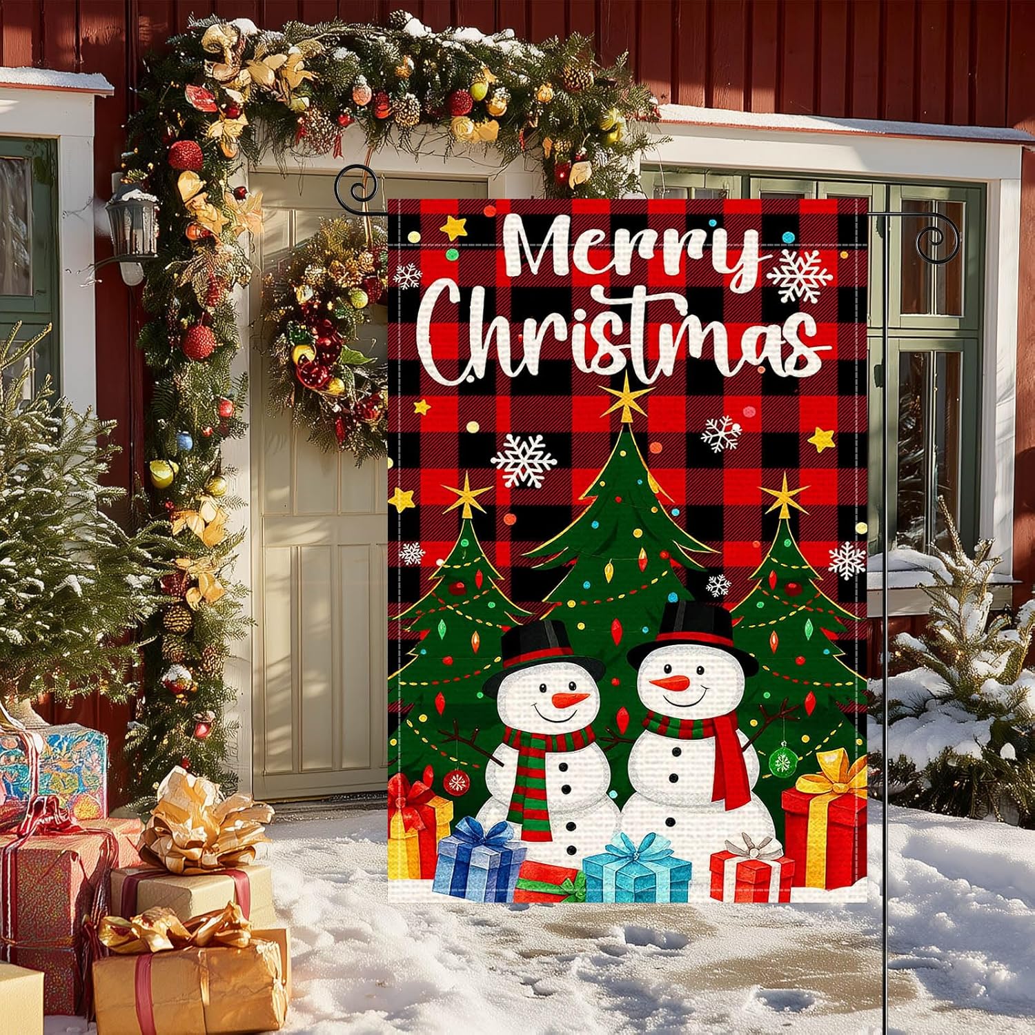 Merry Christmas Garden Flag Double Sided 12x18 Inch Burlap Holiday Garden Flag Two Snowmen Banner for Indoor and Outdoor Decoration Yard Lawn Decor - Image 3