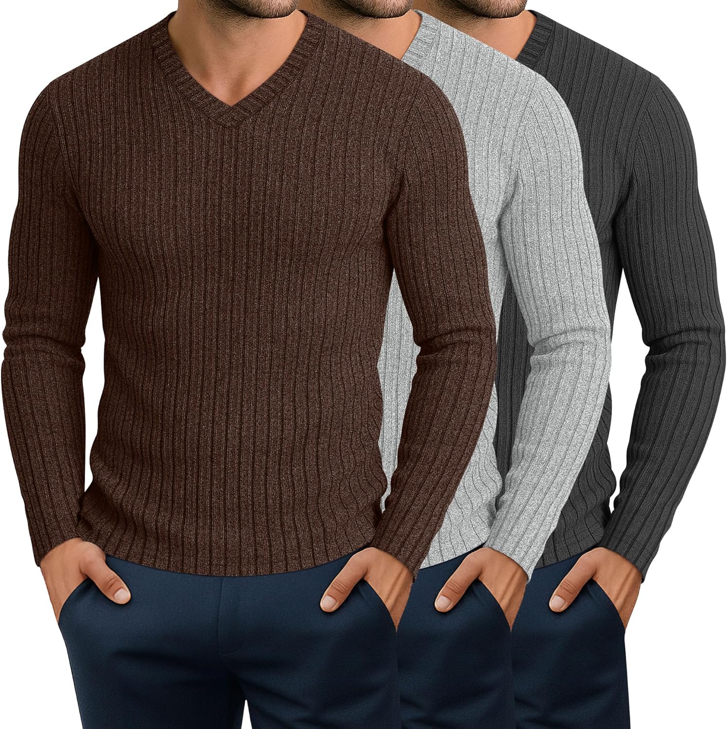 JoyMotion 3 Pack Men's Ribbed V Neck Long Sleeve Shirts, Slim Fit Thermal Sweaters Tops Muscle Athletic Casual Gym Basic Tees