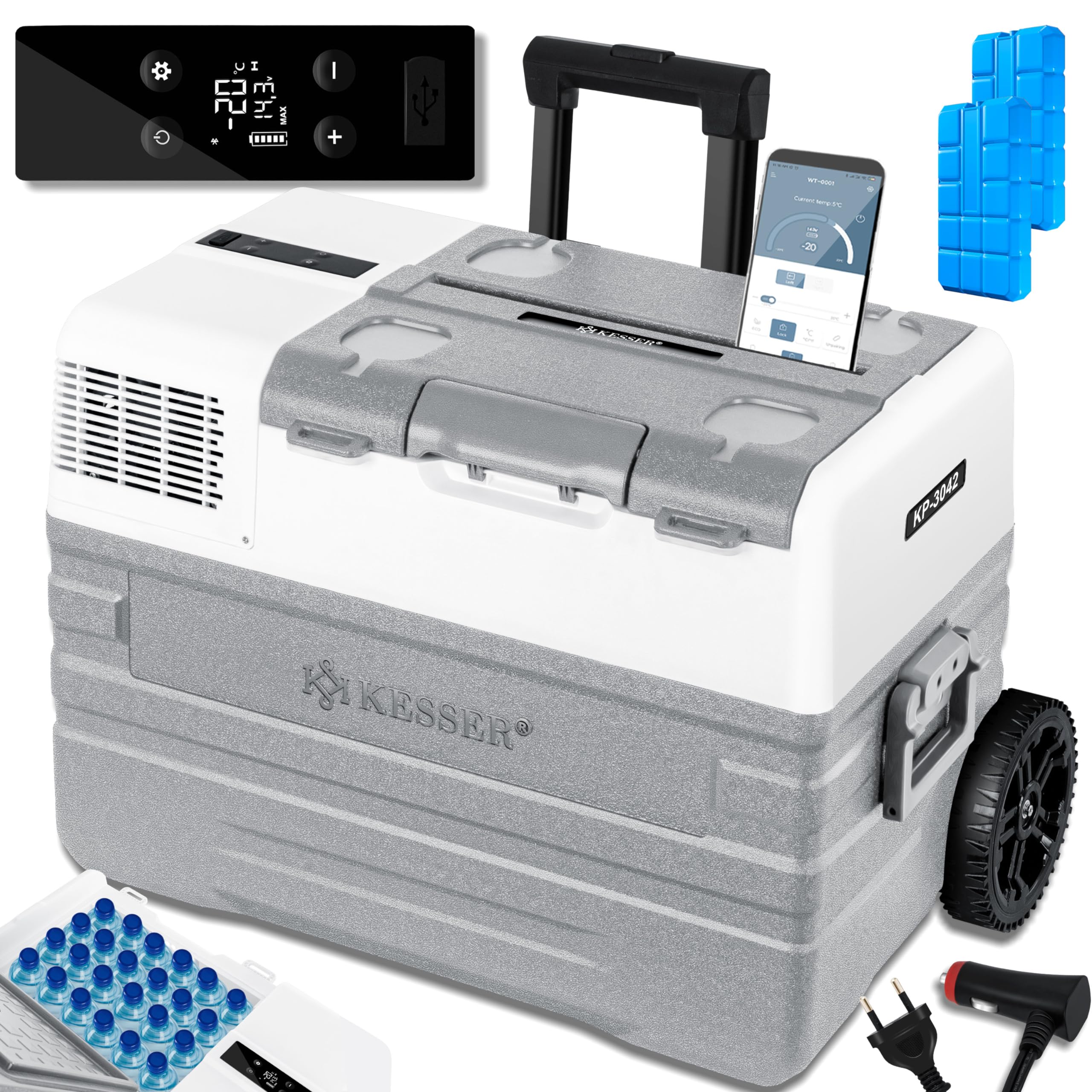 KESSER® Nevera eléctrica portátil de compresor 42 litros, congelador con Control App, conexión USB 12/24 V 230 V, + Ruedas de Varilla telescópica, refrigerador hasta -20 °C, Gris