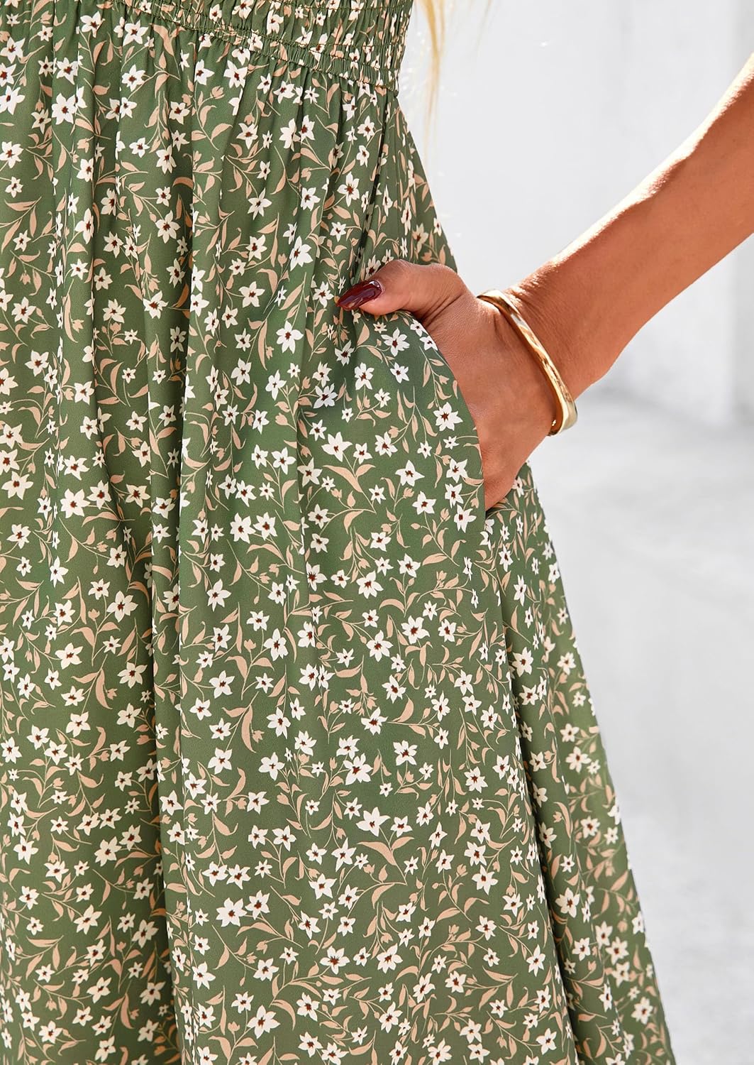 PRETTYGARDEN Boho Dresses for Women 2026 Summer Floral Short Sleeve V Neck Smocked Flowy Beach Vacation Maxi Dress - Image 5