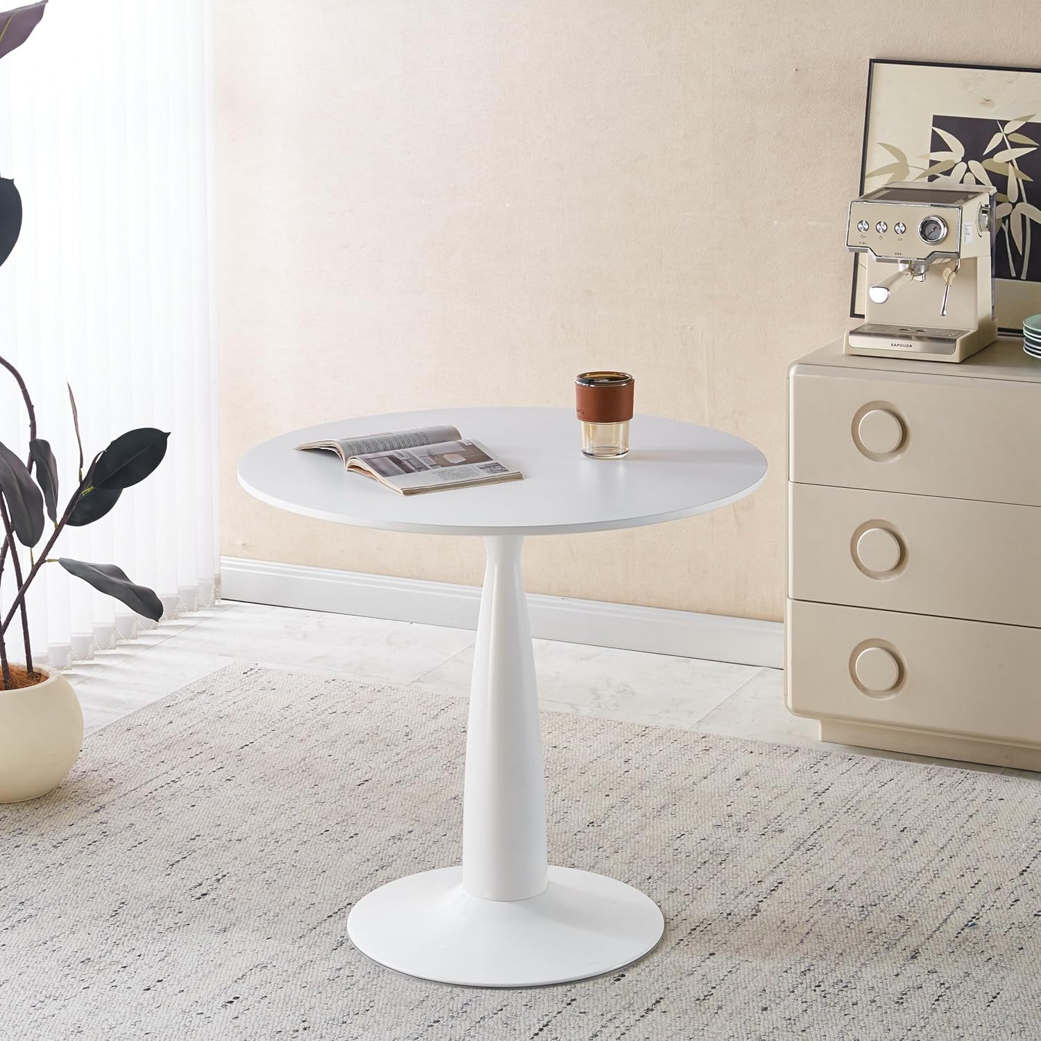 31.5 Inch Mid-Century Modern Pedestal Table, White Multi-Functional Table as Dining Table for 4-6 or Large Coffee Table, for Living Room, Kitchen, Office, Apartment
