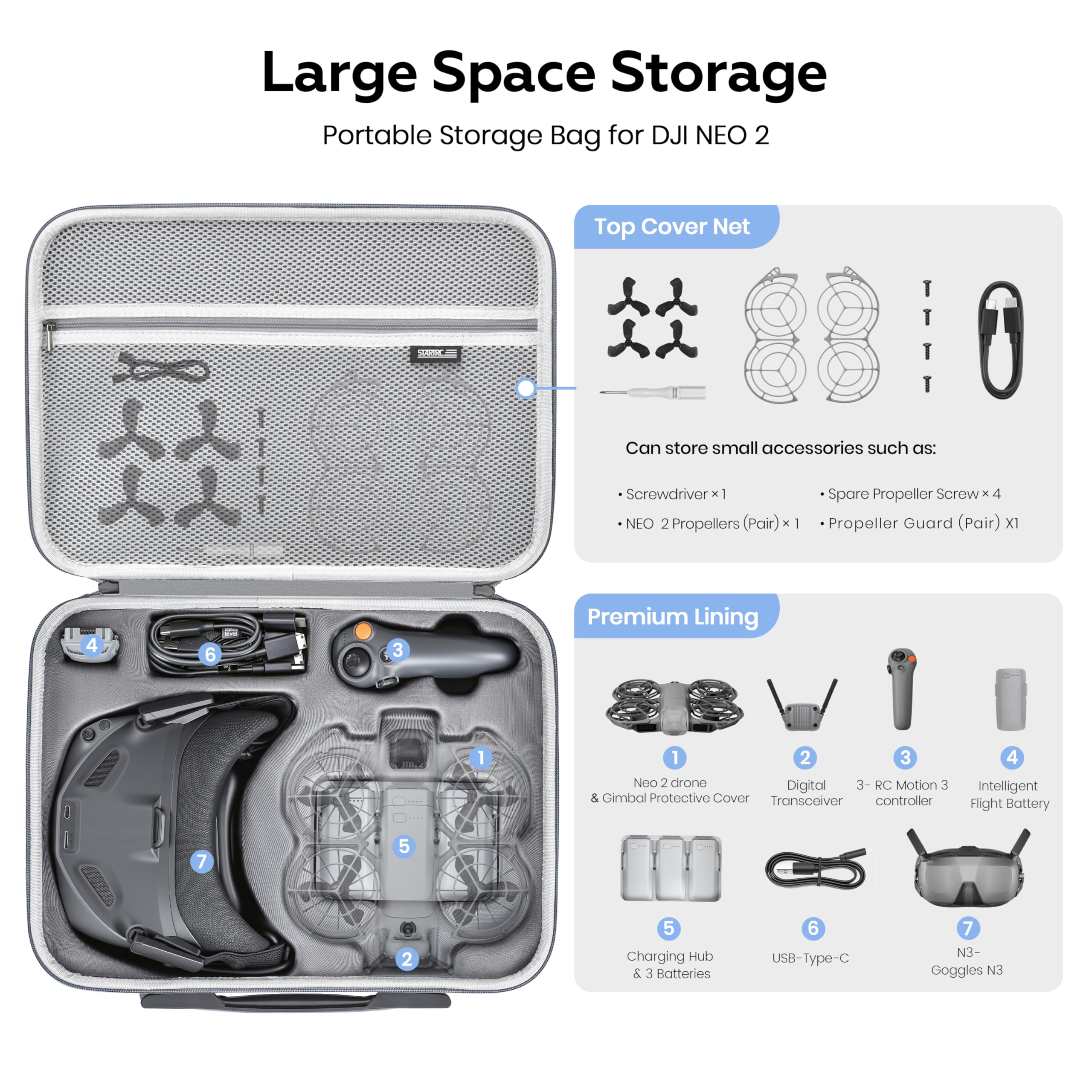 STARTRC, custodia per accessori Neo 2, borsa portatile in PU per DJI Neo 2 Motion Fly More Combo per RC Motion 3, occhiali N3, hub di ricarica - 3