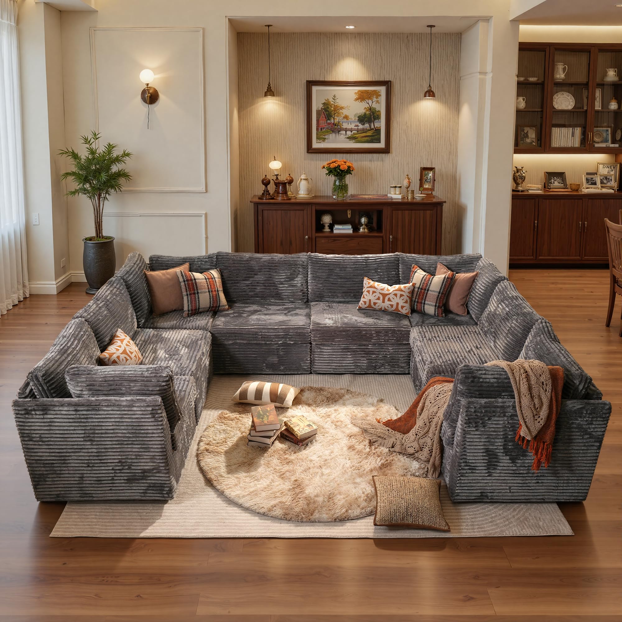 ovios Modular Sectional Sofa Couch with U-Shape Chaise Oversized, Comfy Plush Corduroy Cloud Couches, Modern Luxury Deep Seat Sofas Set for Living Room, 8-Seater, Grey