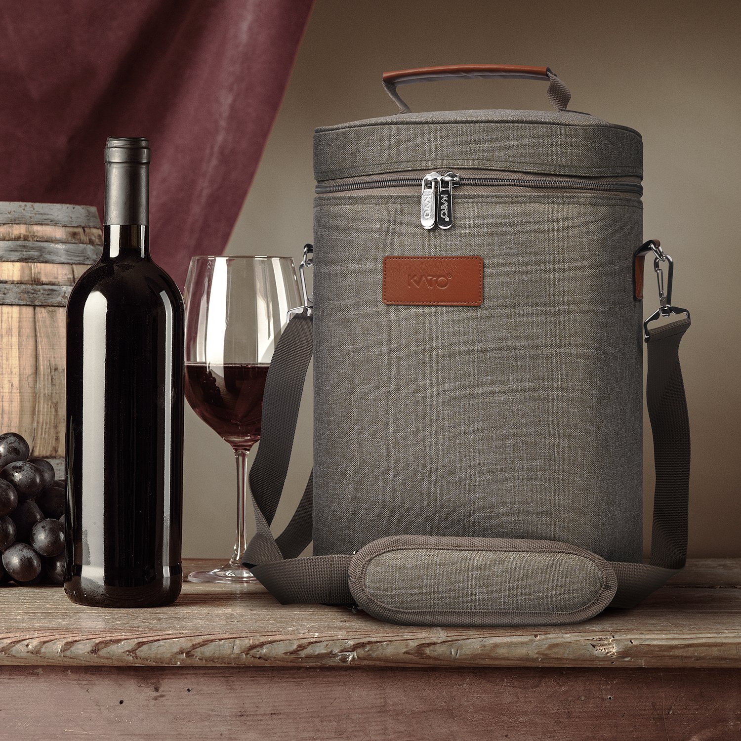 Kato Tirrinia Sac isotherme à vin, fourre-tout isotherme à 2 bouteilles avec bandoulière réglable + tire-bouchon gratuit, pique-nique, camping et plage, grand cadeau pour les amateurs de vin