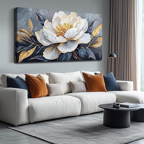AOZEMI Decoraciones de pared florales, cuadros blancos, flores, arte de pared, lienzo moderno, decoración de pared dorada para sala de estar,