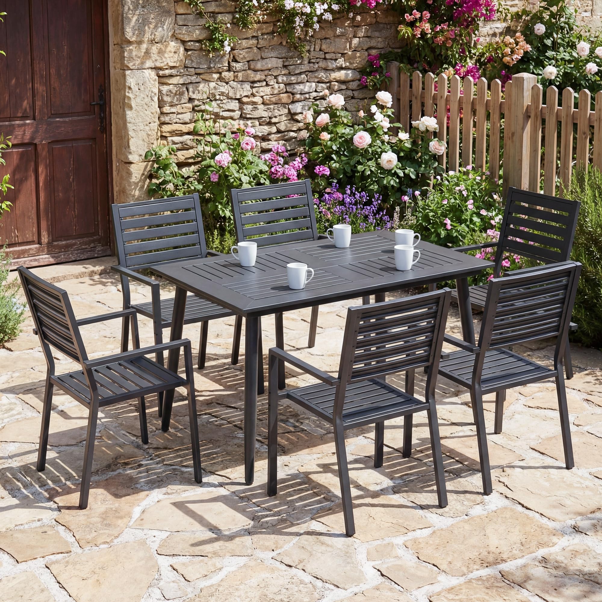 Gartenmöbel Set 4/6 Personen, Wetterfeste Sitzgruppe Outdoor mit Großem Gartentisch und Stapelstühlen, Stabiler Esstisch aus Gusseisen für Garten Terrasse Balkon, Schwarz (1 Tisch + 6 Stühle)