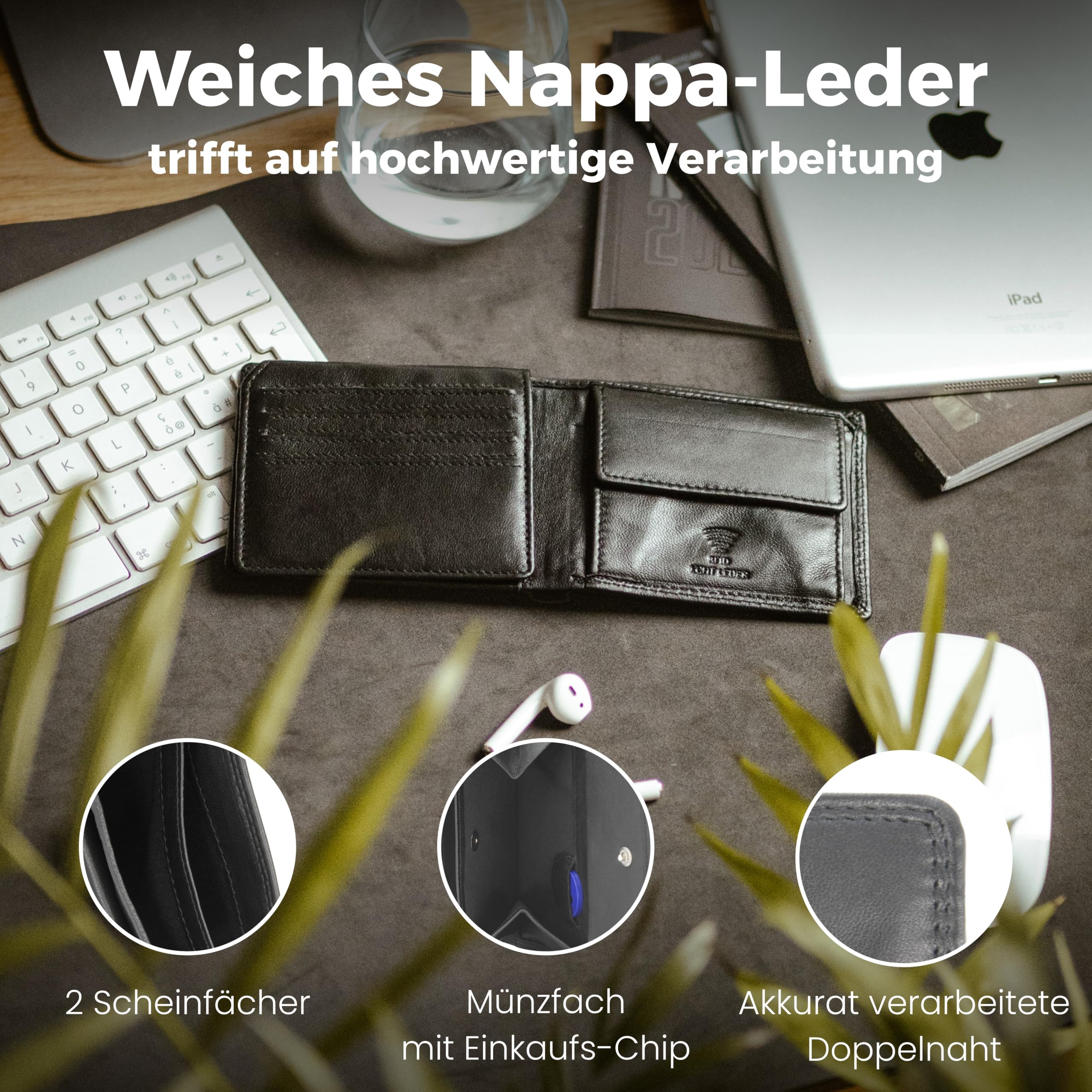 Baur Herren Geldbörse – Echtes Leder mit RFID-Schutz – Kleines Portemonnaie im Querformat aus Nappa-Leder mit 8 Kartenfächern und Münzfach (Querformat Klein, Schwarz)