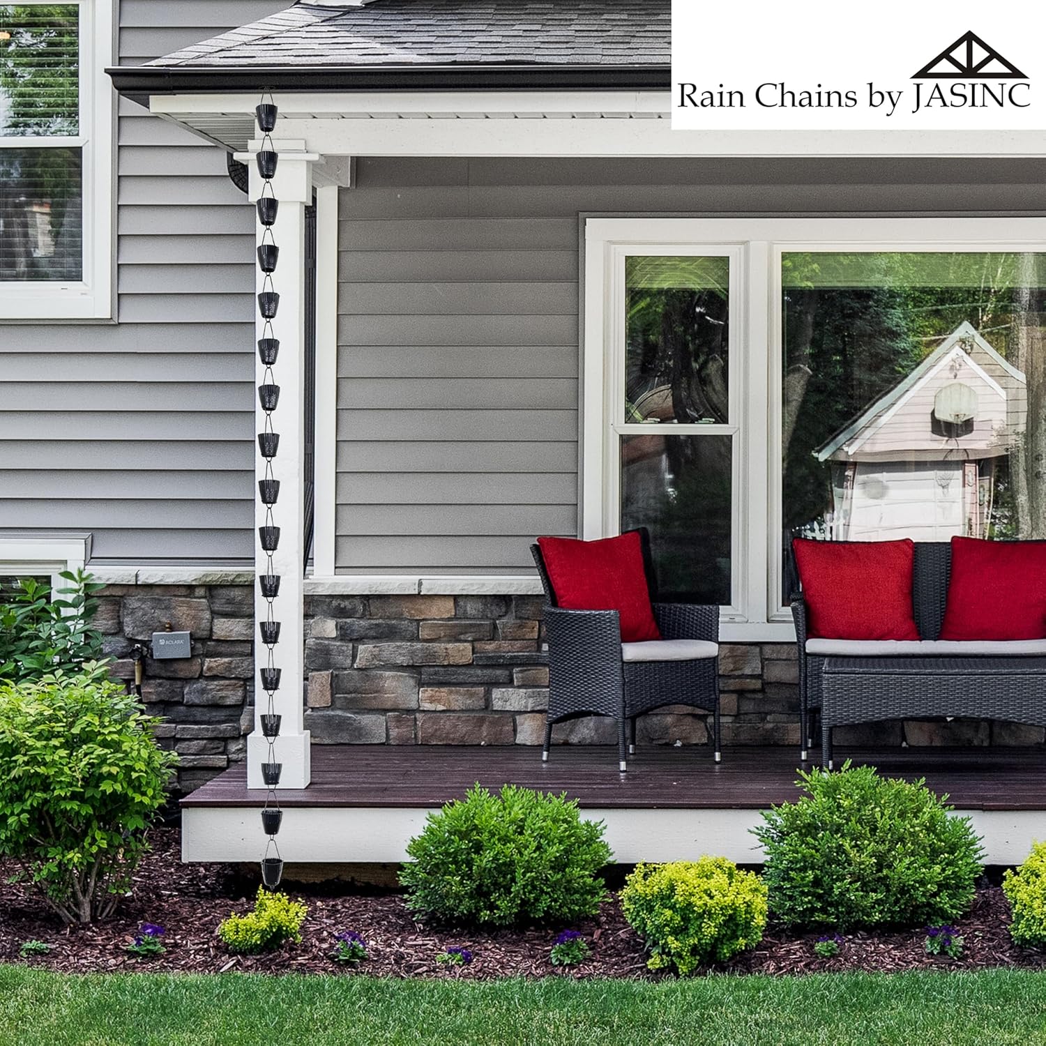 8.5 ft Ruffle Cups Hammered Black Powder Coated Aluminum, to Replace Roof Gutter Downspout, with Installation Kit, Rainwater Catcher/Water Diverter, JAS3003BLK