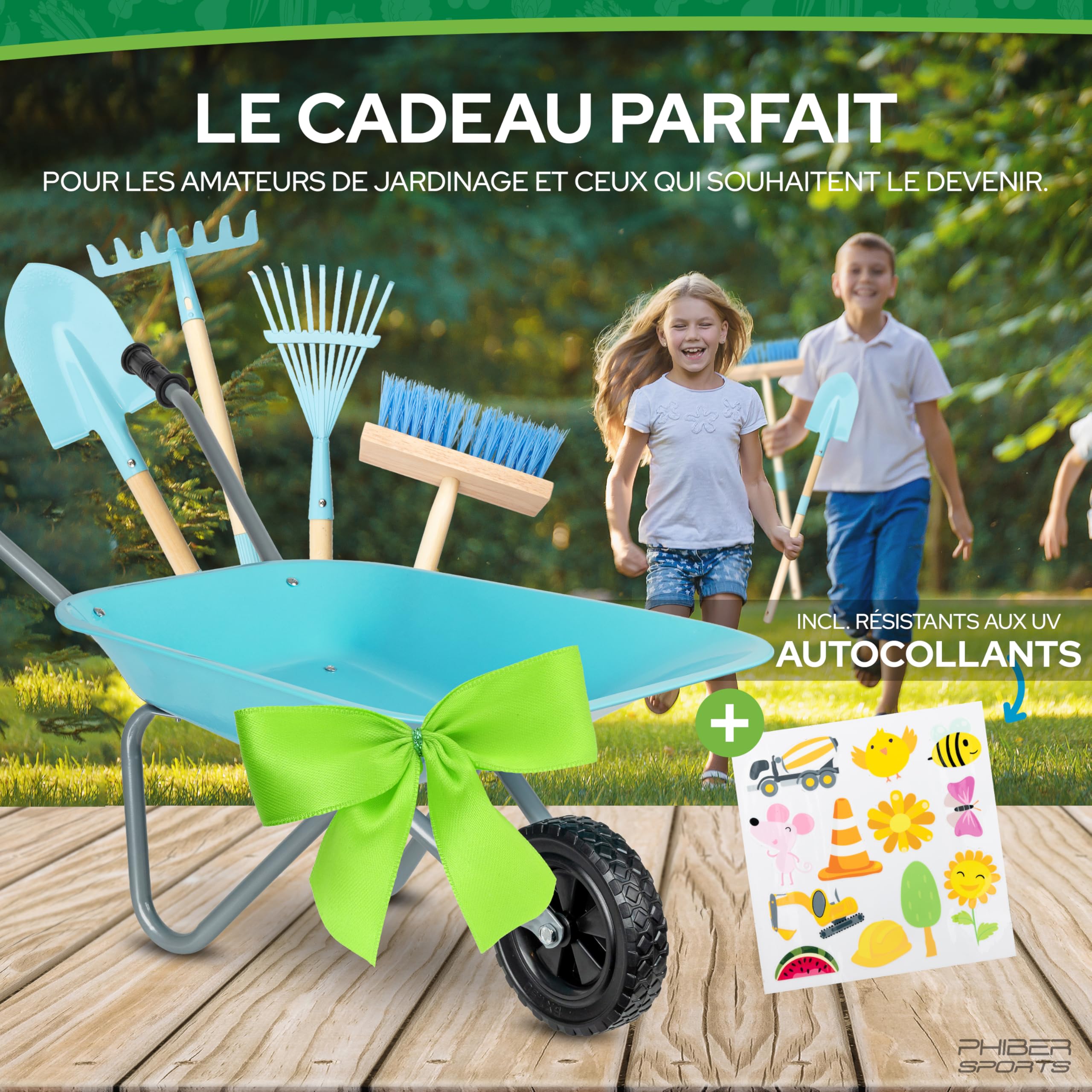 PHIBER-SPORTS Brouette pour enfants + outils de jardin en métal - Brouette avec pelle, balais, râteau à feuilles et autocollants pour enfants