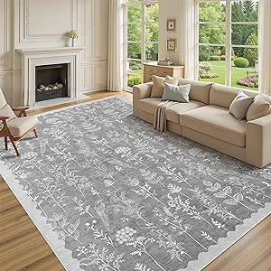 GarveeHome Washable 10x13 Area Rugs for Living Room, Modern Floral Rugs for Bedroom Non Slip, Soft Neutral Indoor Floor Carpet for Dining Room Home Office Kids Playroom Foyer Farmhouse,Grey