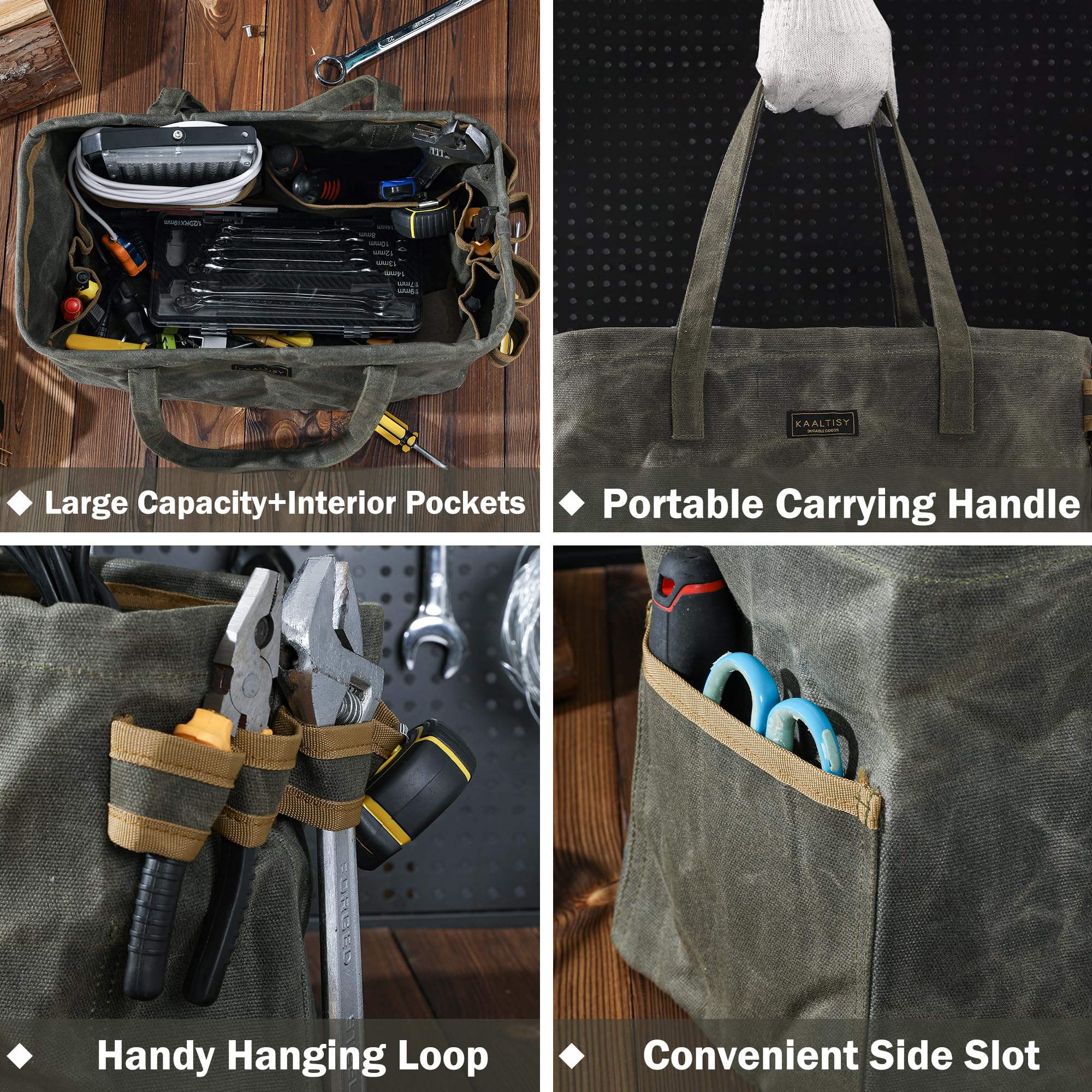Bolsa de lona para herramientas, bolsa de transporte de herramientas de lona encerada de 16 onzas, con 8 bolsillos y barra de soporte de metal superior, bolsa de herramientas rectangular plegable de