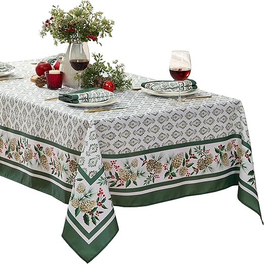 Newbridge Christmas Holly Pinecone Border 60 x 102 Inch Rectangle Fabric Tablecloth, Holiday Hunter Green Border on White Background Fabric Table Cover for Dinner Party and Banquet