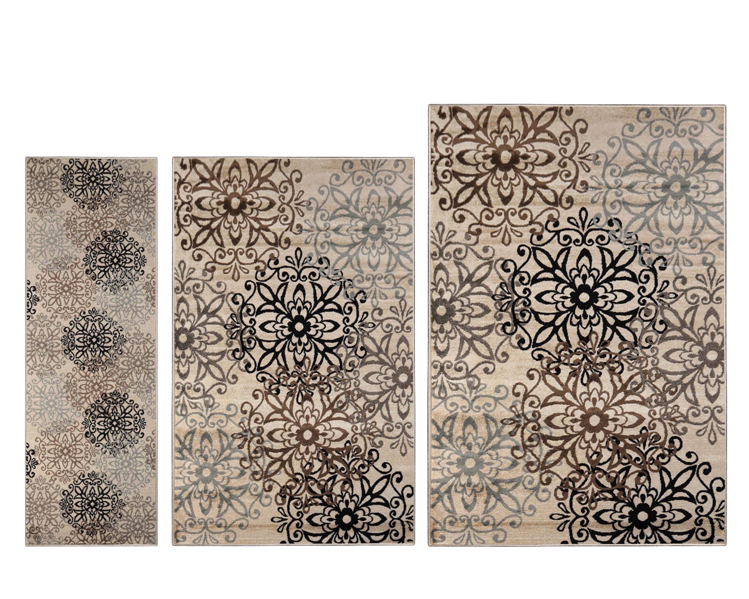 Superior Leigh 3 Piece Indoor Area Rug Set, Jute Backing, Floral Medallion Decor for Hallway, Entry, Office, Kitchen, Living Room Floors, Plush Rugs, 2' 7