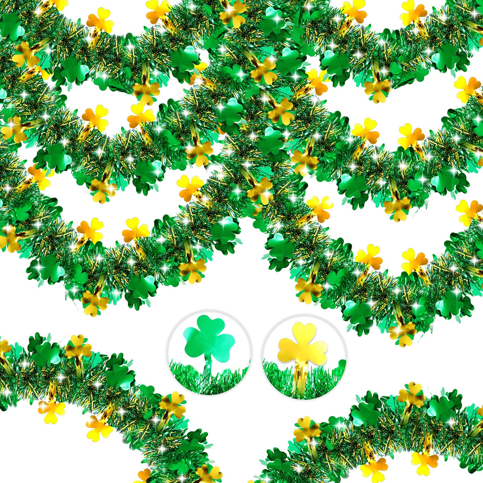 St Patrick's Day Tinsel Garland, 50FT Green Shamrock Tinsel Garland Clover Tinsel Twist Hanging Garland for Outdoor Indoor Home Tree Room Holiday