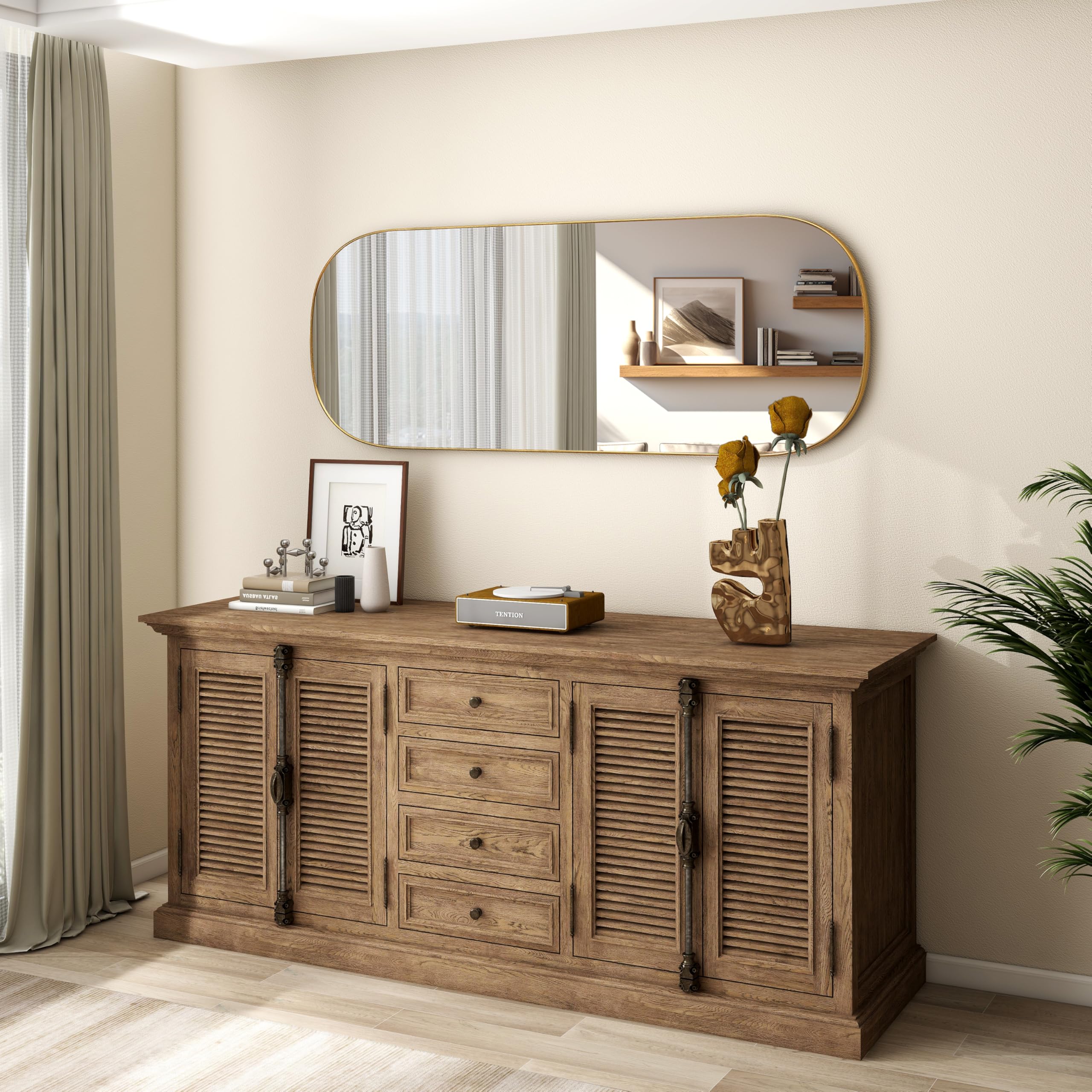 SHYFOY Espejo ovalado largo con marco único de metal, 120 x 45 cm, espejo grande de pared dorado, espejo de pared para colgar en la pared, sala de estar, espejo decorativo para maquillaje para