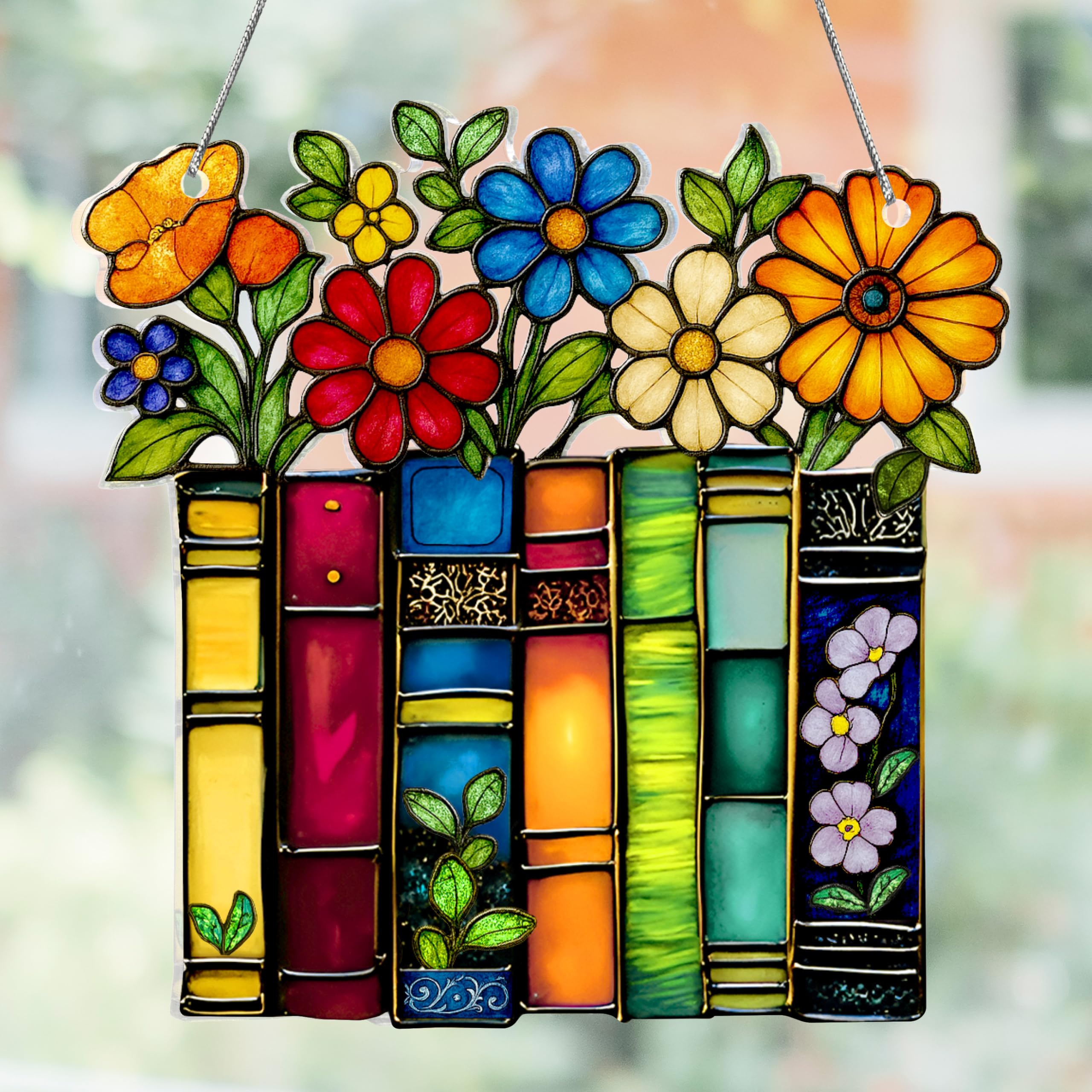 Book Ornament Stained Glass Window Hanging Acrylic, Teacher Back To School Gift, Bookish Gifts For Librarian, Book Lovers, Reader, Women, Suncatcher Effect Decor For Christmas Tree (Floral Shelf)