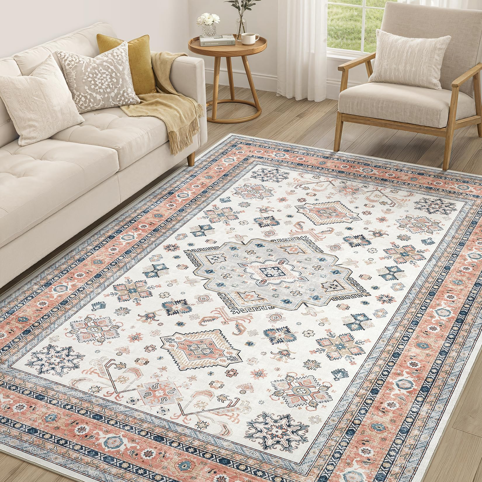 Vintage Living Room Area Rug 6x9 - Large Soft Washable Oriental Traditional Distressed Farmhouse Rugs for Bedroom - Indoor Floor Accent Carpet for Home Office House Decor - Coral Pink โ image 1