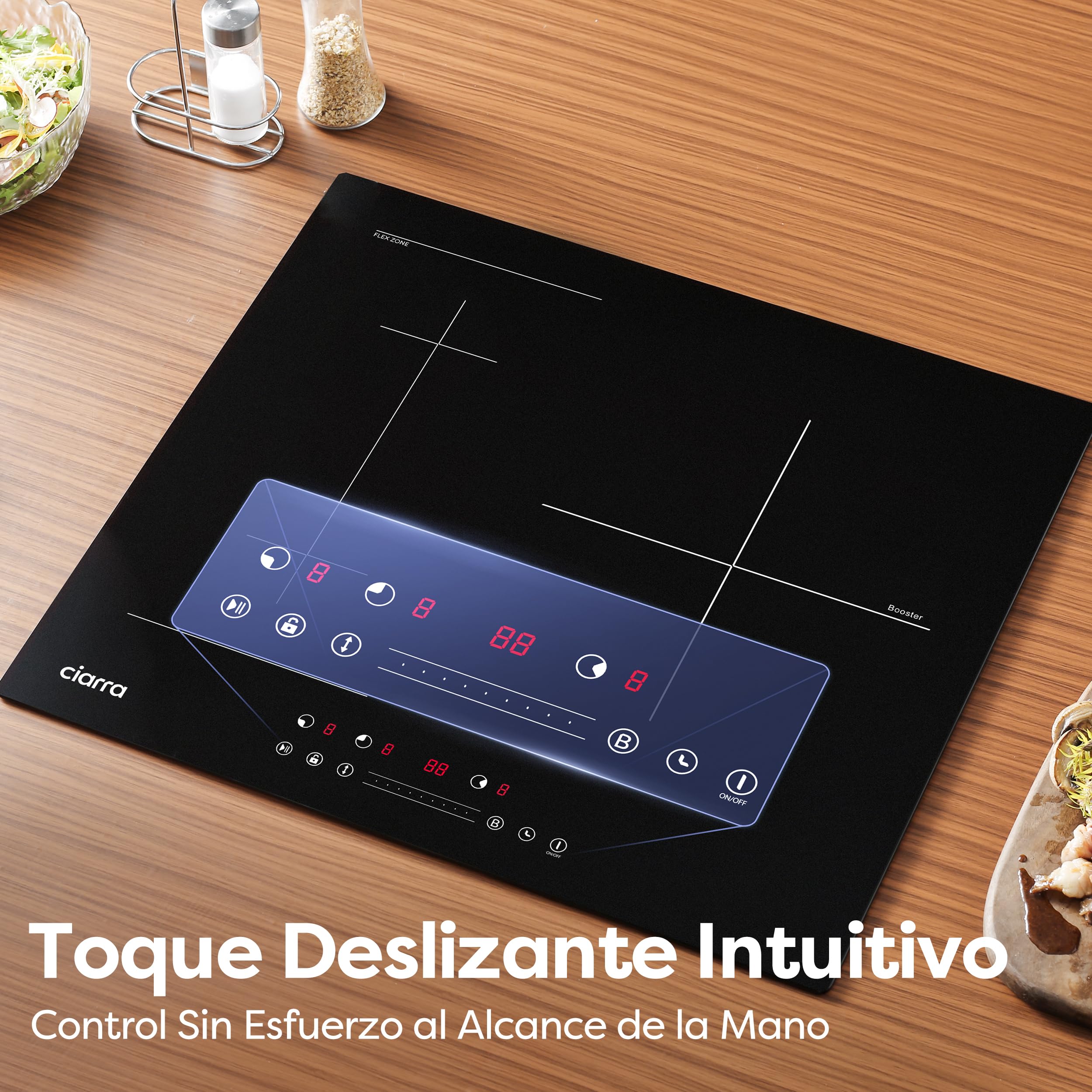 Ciarra Placa de Inducción 3 Zonas Flexible 2 en 1, 60 cm, 6600W | Boost, Función Pausa, Control Táctil Slider, Temporizador, Bloqueo Infantil, Detector de Recipientes