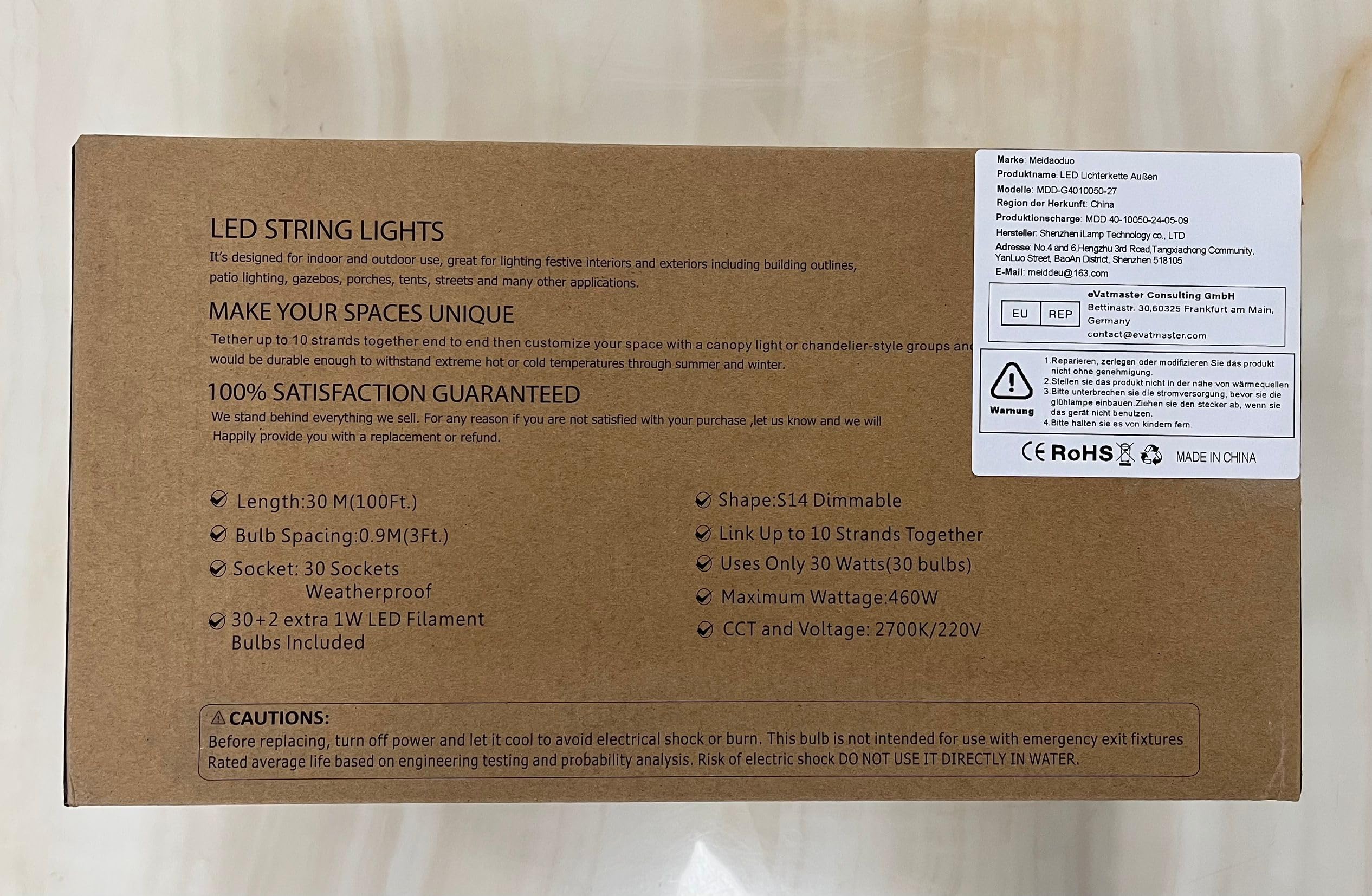 Lichterkette Außen 30M ST45 LED Lichterkette Glühbirnen außen Warmweiß 2700K Lichterkette Glühbirnen IP65 Wasserdicht 30 X 1W E27 Glas Birnen für Hochzeit Party
