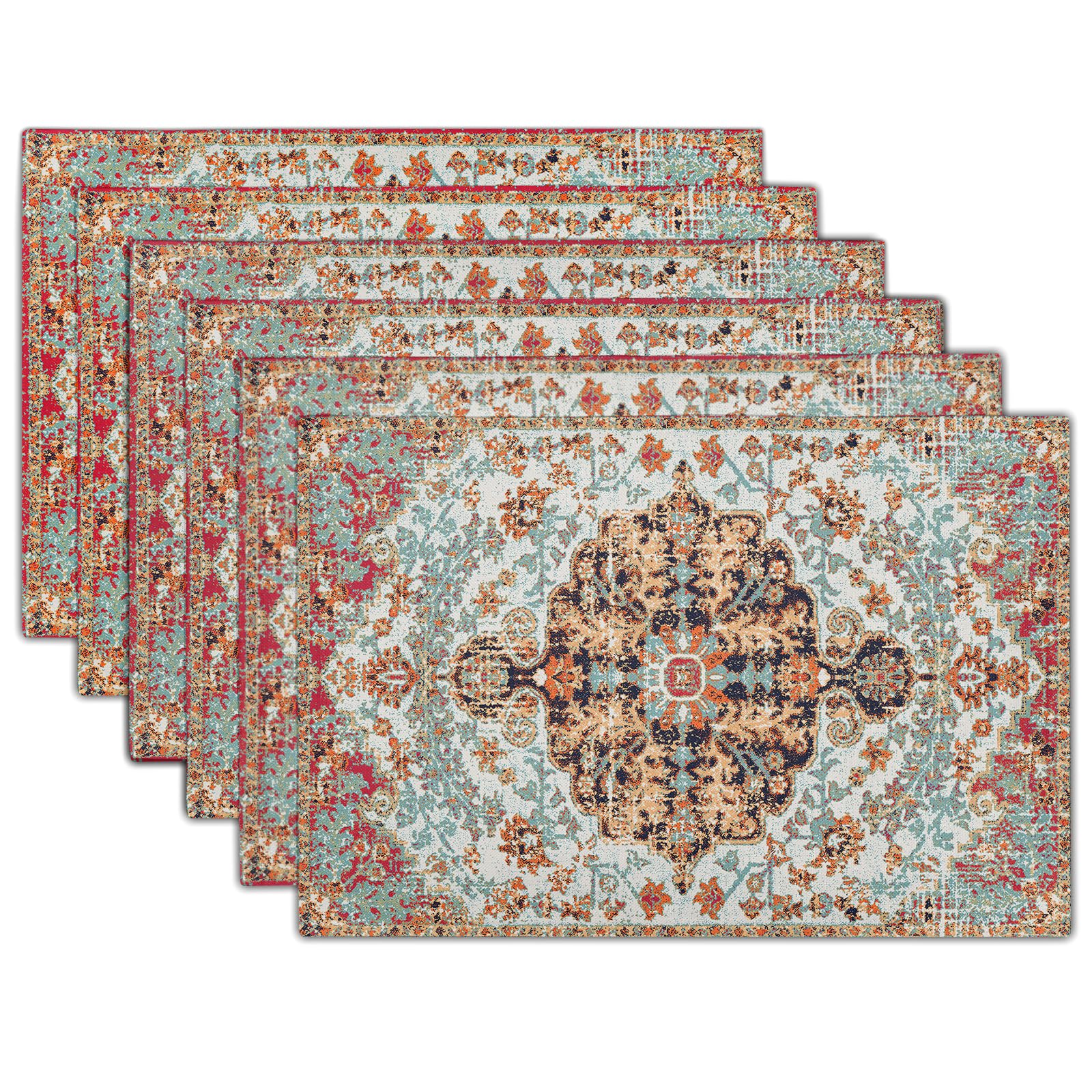 Ethnic Boho Placemats Set of 6 Bohemian Carpet Vintage Black Coral Floral Linen Washable Kitchen Dining Table Mats Stain Heat-Resistant Desktop Decor Place Mats for Home Party Indoor 12x18 in