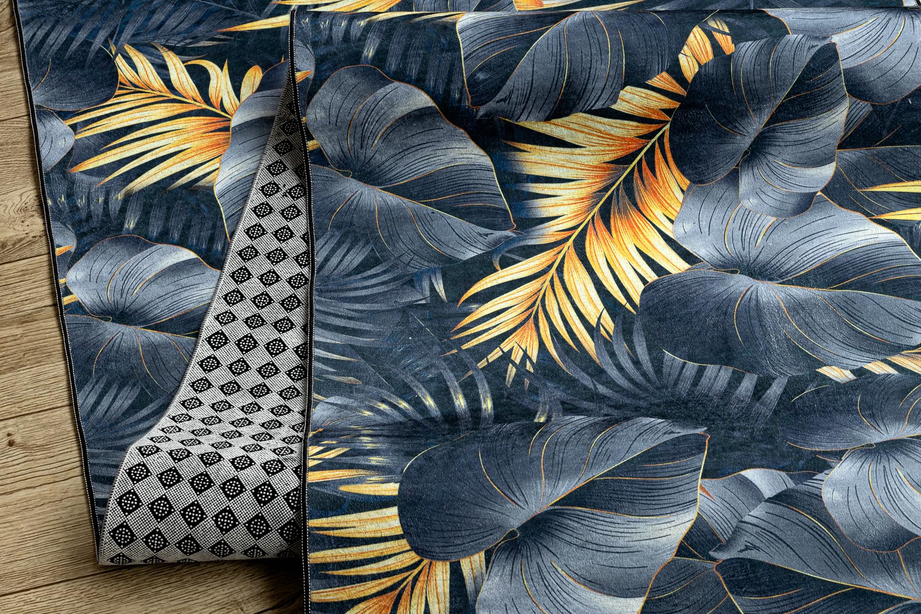 rugsx Tapis Antidérapant Lotus Ferns 45270 Feuilles Gris/Or - Lavable - 60x350 cm - Tapis de Couloir Antiglisse pour Cuisine et Entrée