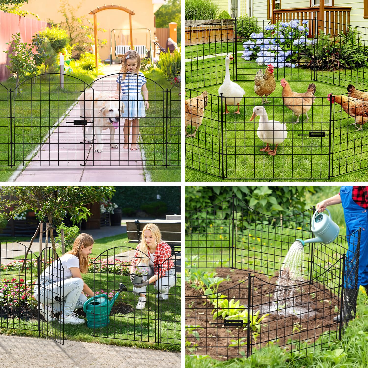Teichzaun Gartenzaun Steckzaun Komplettset Metall 5 Unterbogen Zaunelemente, Gesamtlänge 3,87 m, inklusive 6 Befestigungsstäbe und Springverschluss, Hundezaun Tierbarriere, Schwarz